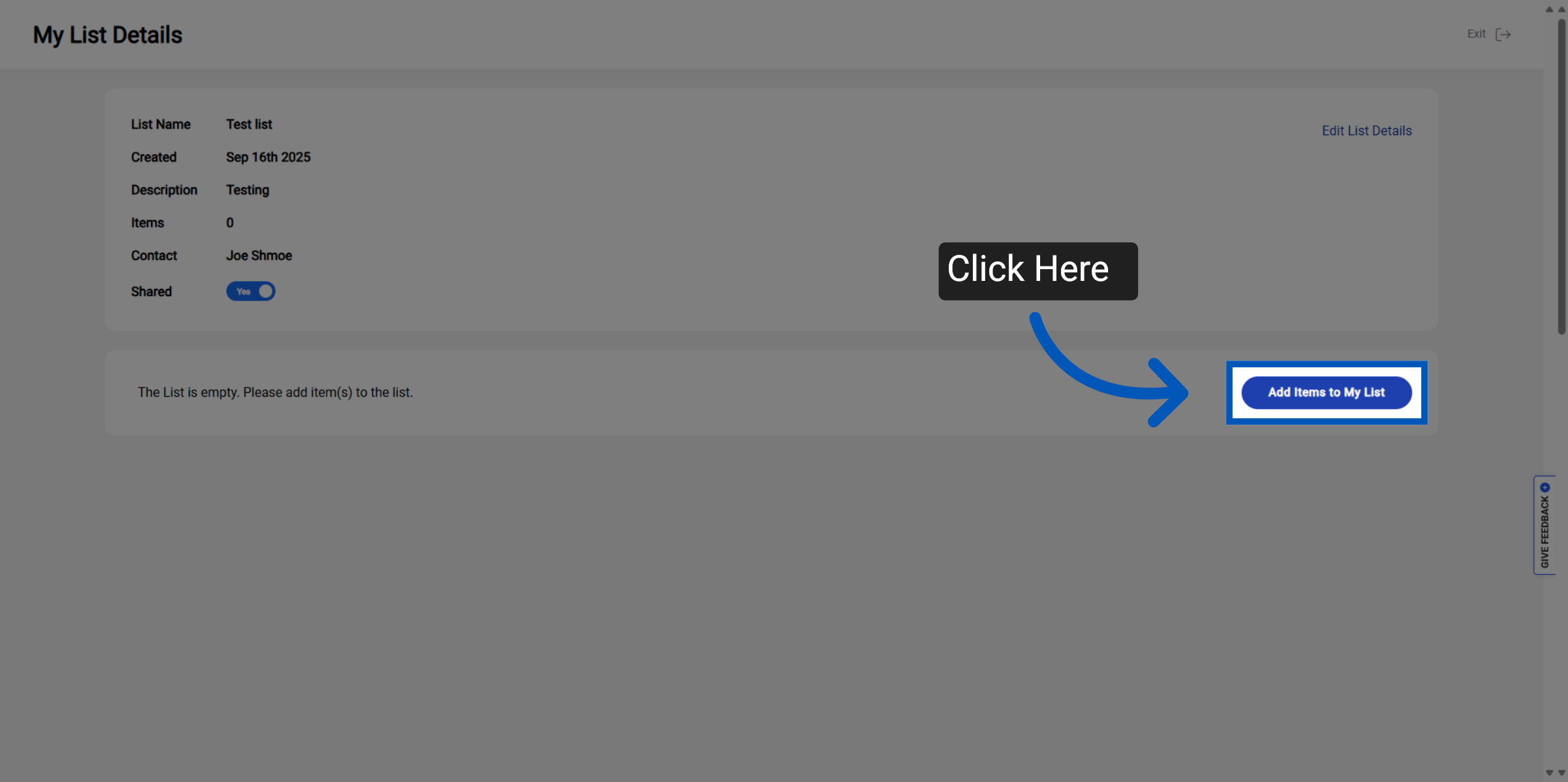 My Lists Details page showing the list details, with an arrow pointing to Add Items to my List button.