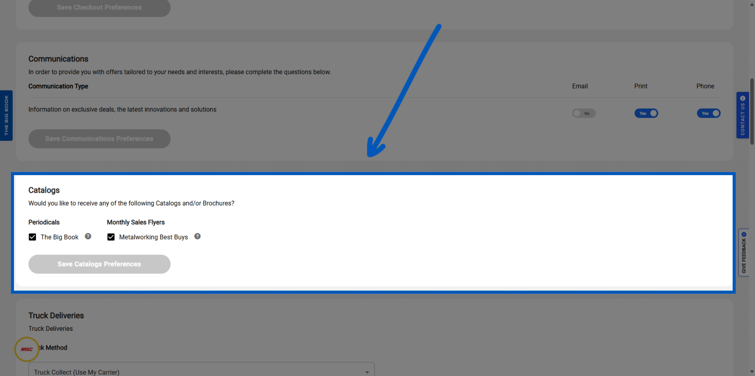 Blue arrow pointing to Catalogs section with checkboxes for The Big Book and Metalworking Best Buys subscriptions