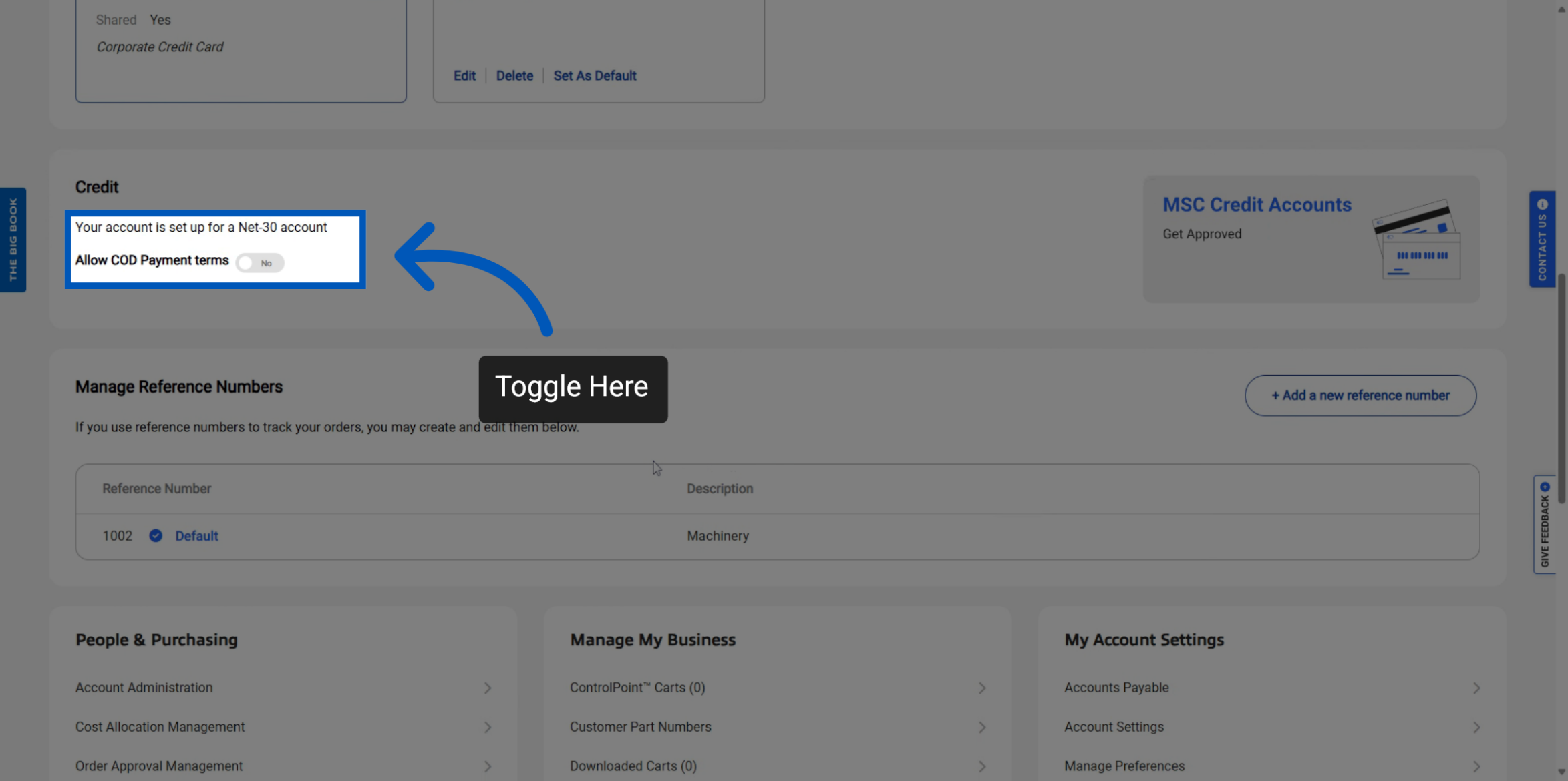 Credit section showing Net‑30 account status with a toggle to allow COD payment terms.