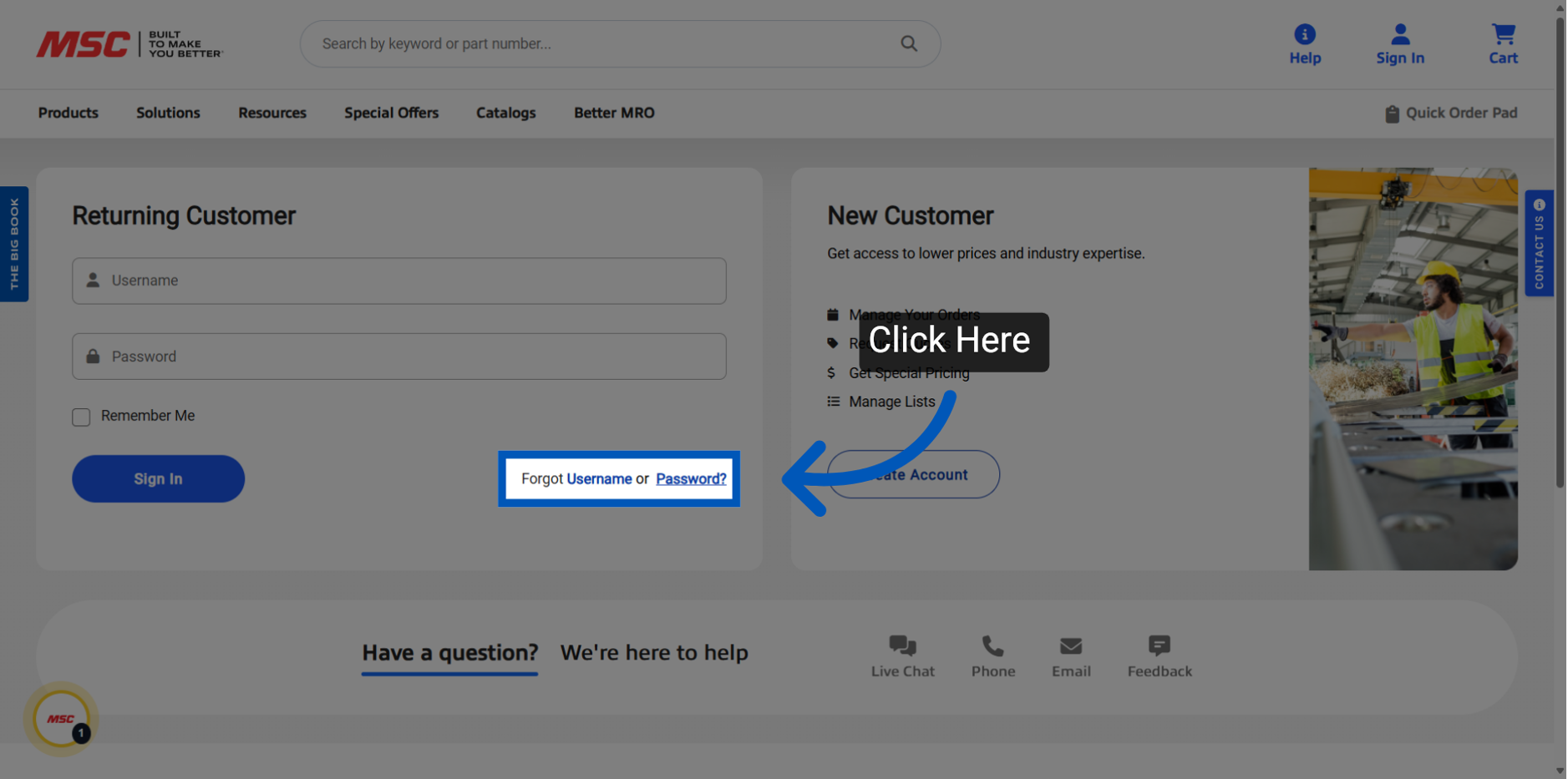 MSC Industrial Direct sign-in page showing returning customer login form and new customer registration option.
