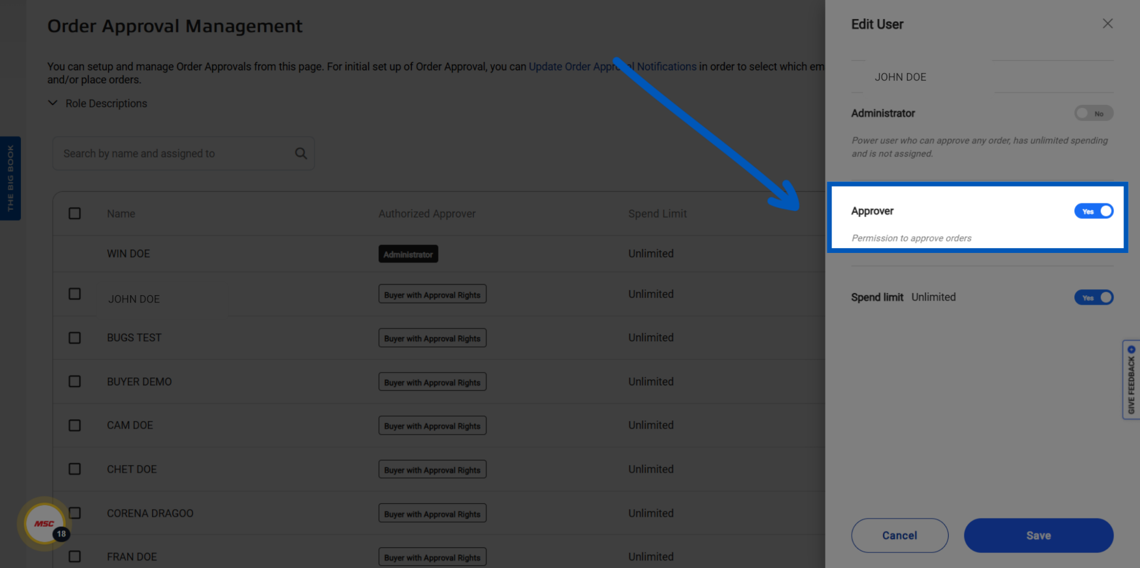 Order Approval Management page with the Edit User panel open, highlighting the Approver option and its description