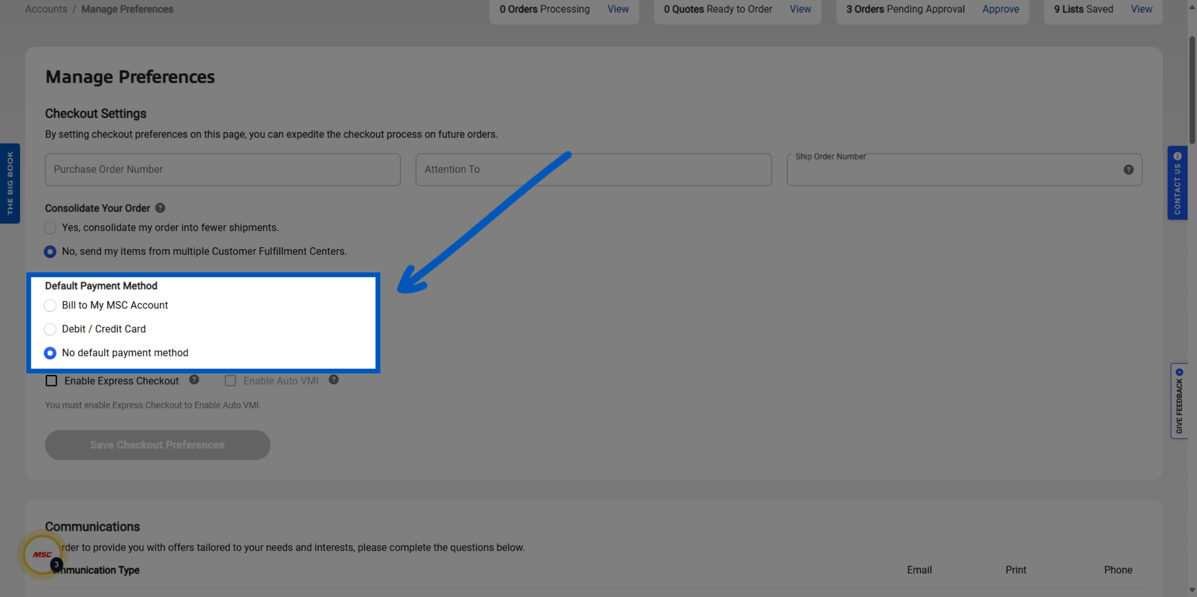 Default Payment Method section with three radio button options and a blue arrow pointing to the selected option.