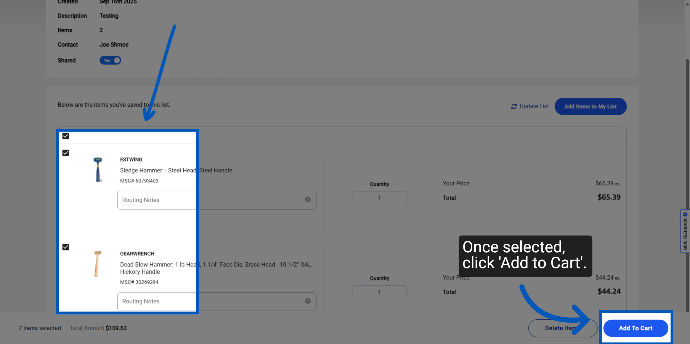 List items view showing selected products with checkboxes and an Add to Cart button indicated by arrows.
