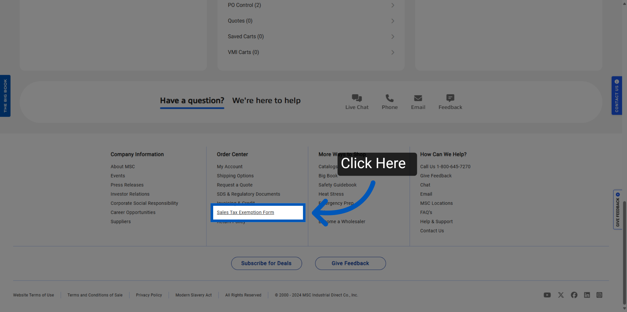 Footer of the page with an arrow pointing to Sales Tax Exemption Form link.