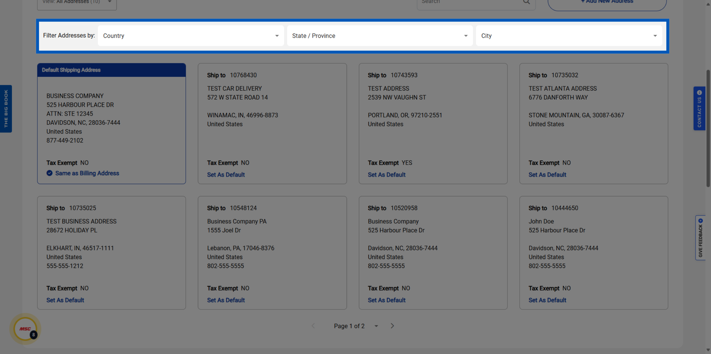 Address management interface showing multiple shipping addresses with filter options by country, state, and city.