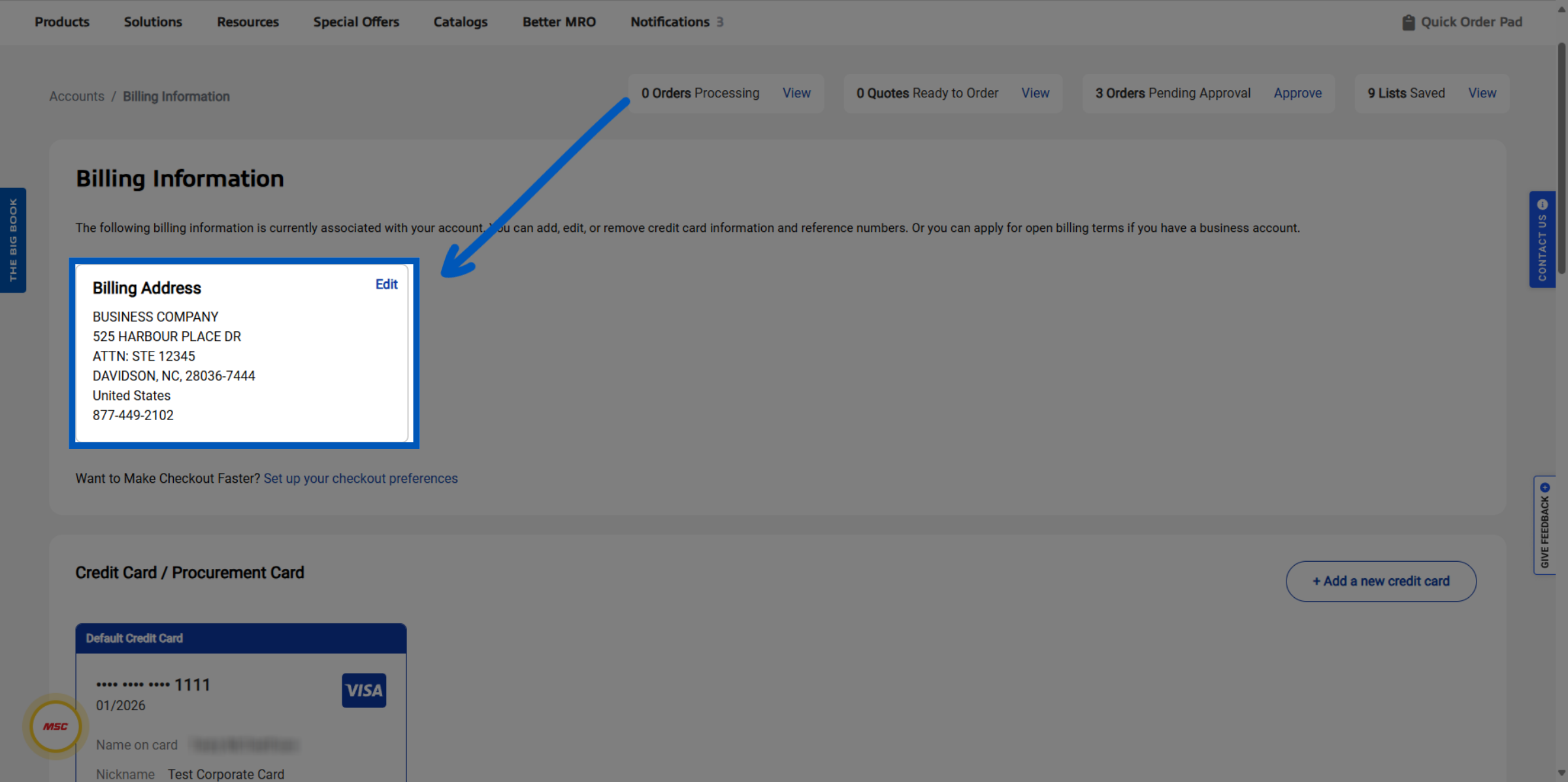 Billing information page with blue arrow pointing to billing address section showing company details and edit option