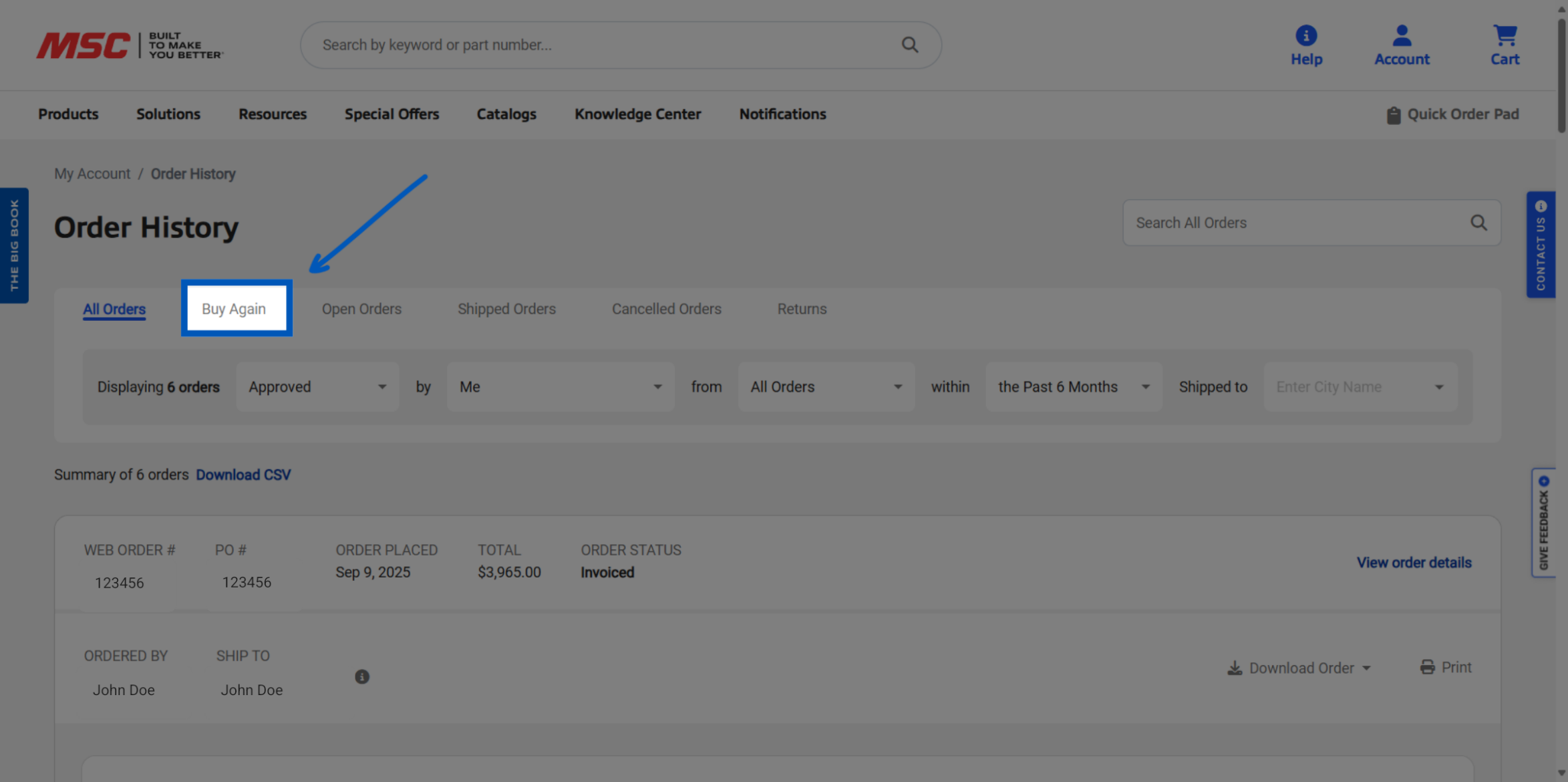 Order history page with an arrow pointing to Buy Again tab