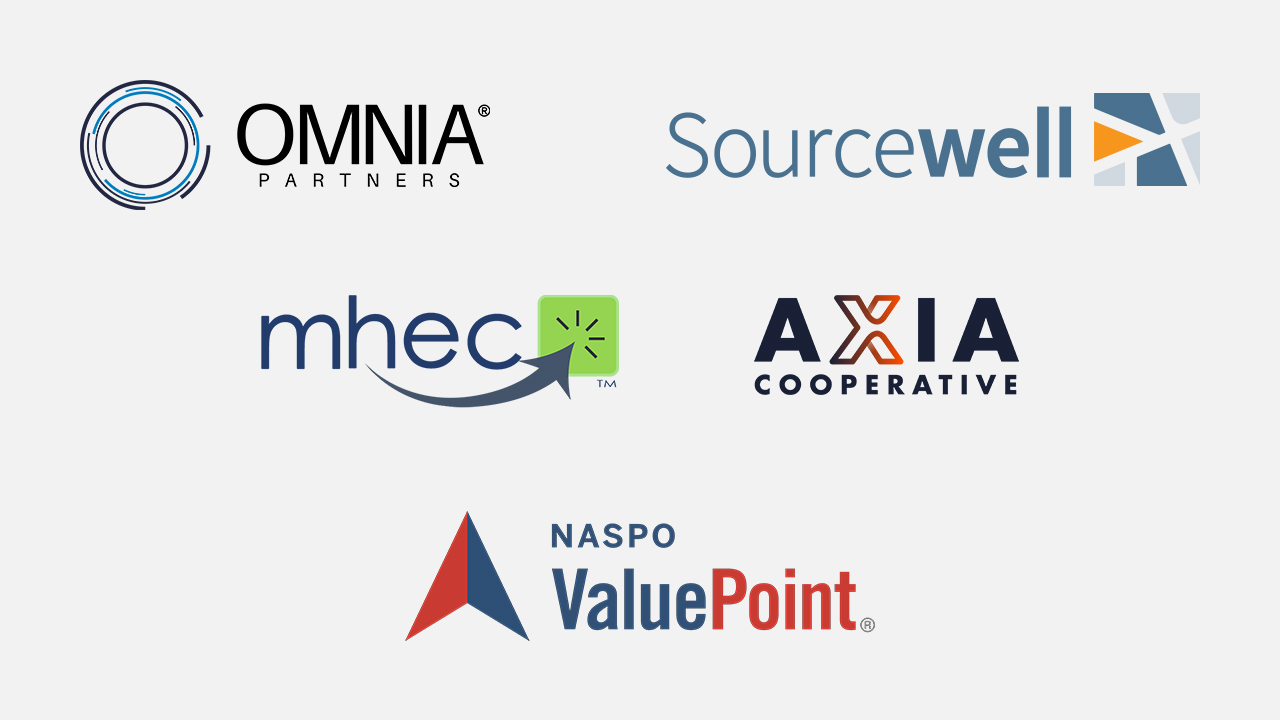 Logos of purchasing cooperatives: OMNIA Partners, Sourcewell, MHEC, AXIA Cooperative, and NASPO ValuePoint