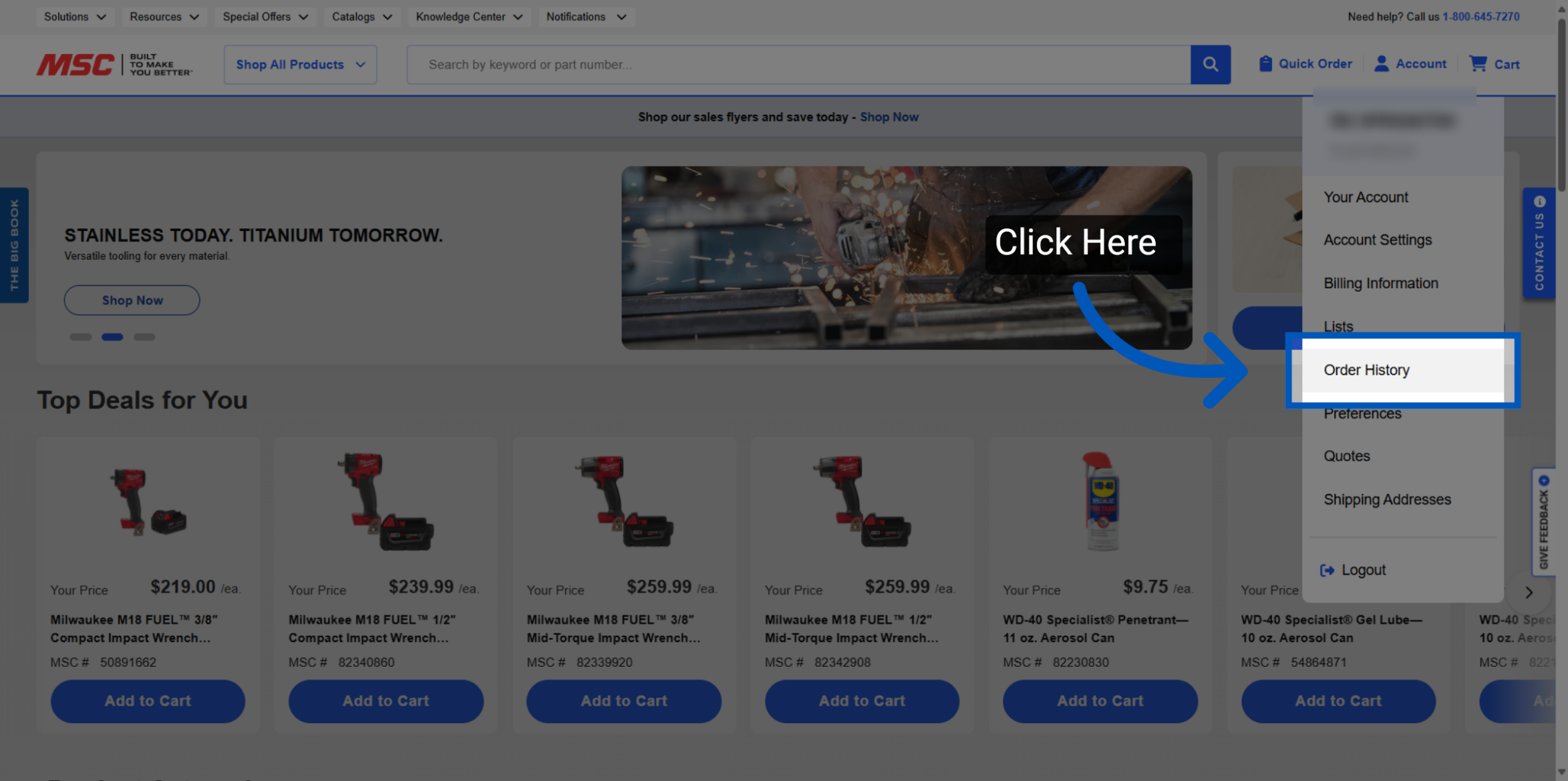 An arrow pointing to Order History Button