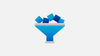 Blue funnel icon with blue and dark blue cubes or blocks entering from the top, representing the 6S Lean Principle - Sort.