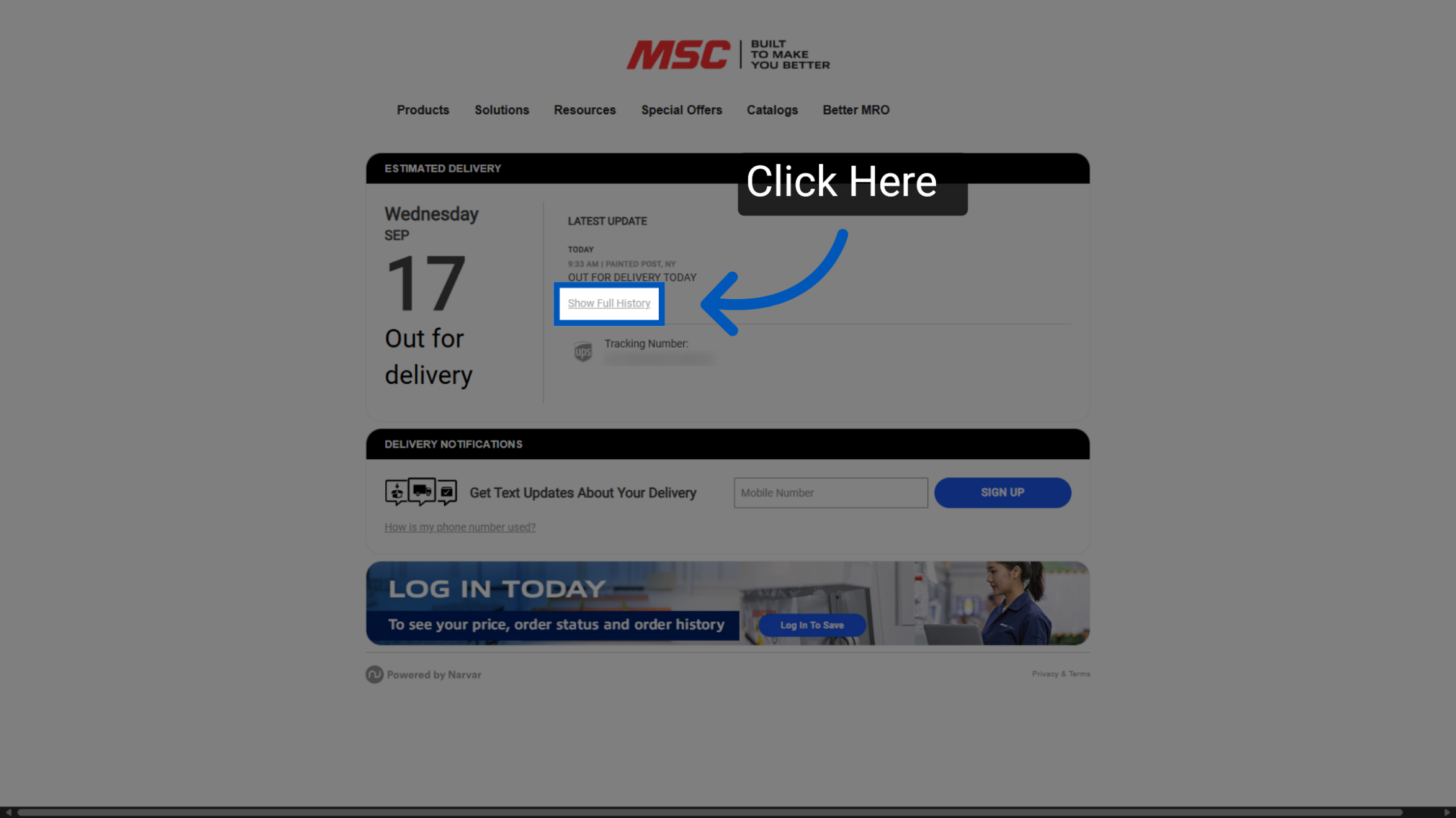 MSC delivery tracking page showing September 17 out for delivery status with blue arrow pointing to Show Full History button