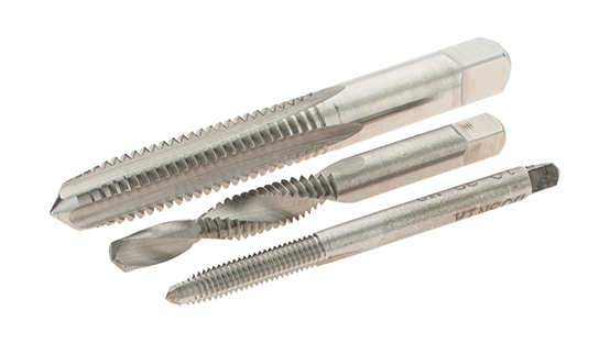 Three types of taps: straight flute, spiral flute, and combination drill and tap, shown side by side.