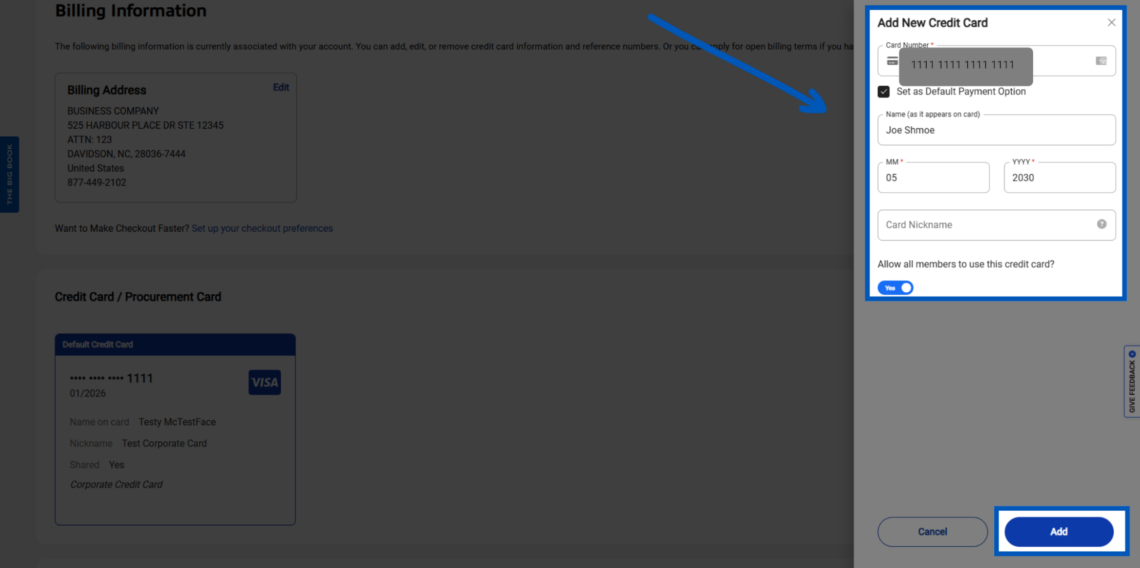 Screenshot of a billing information page with an Add New Credit Card side panel open, showing form fields to enter card details and an option to set the card as the default payment method.