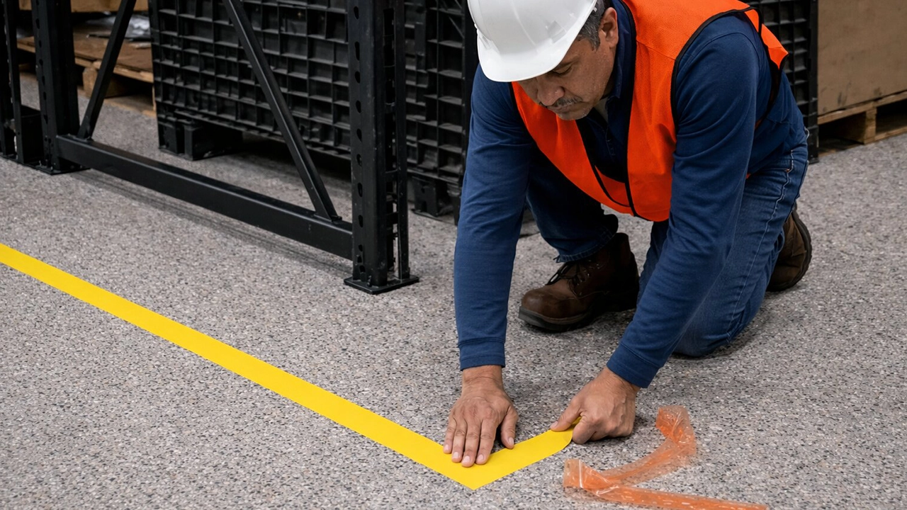 Worker in white hard hat and orange safety vest applying yellow floor marking tape in warehouse setting.