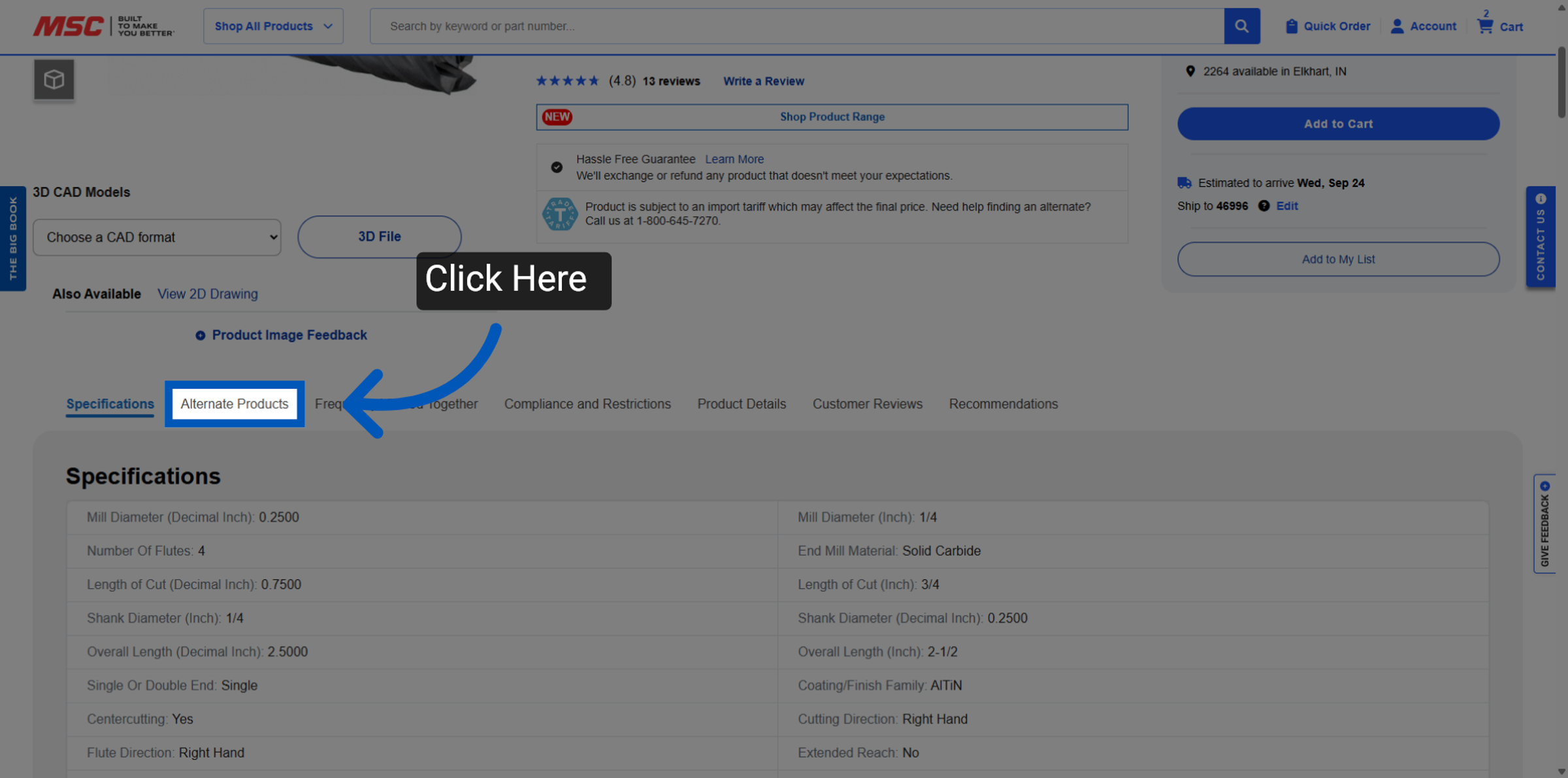 Product display page with an arrow pointing to a Alternate Products button