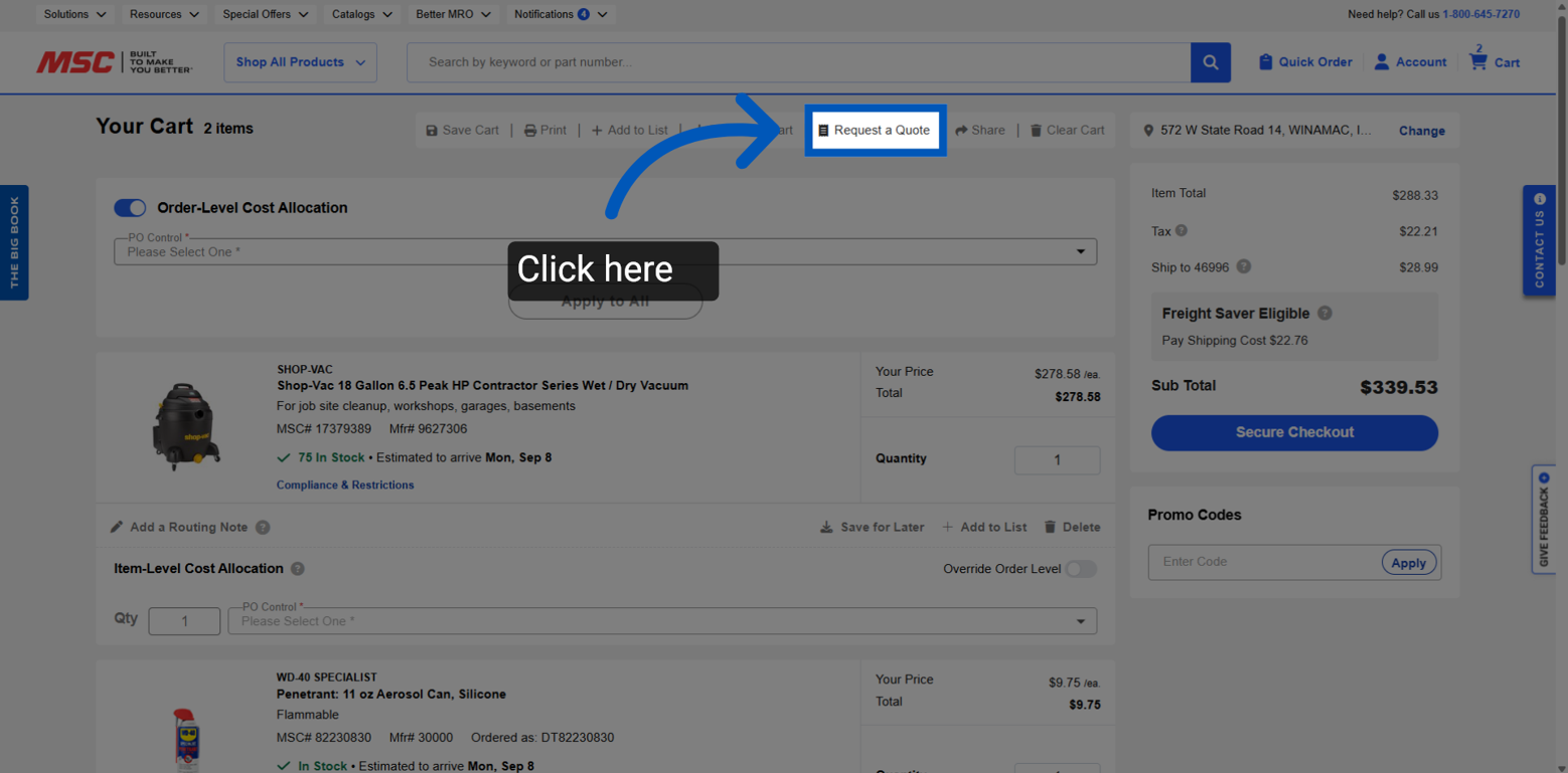 Blue arrow pointing to Request a Quote button on MSC Industrial Supply shopping cart page