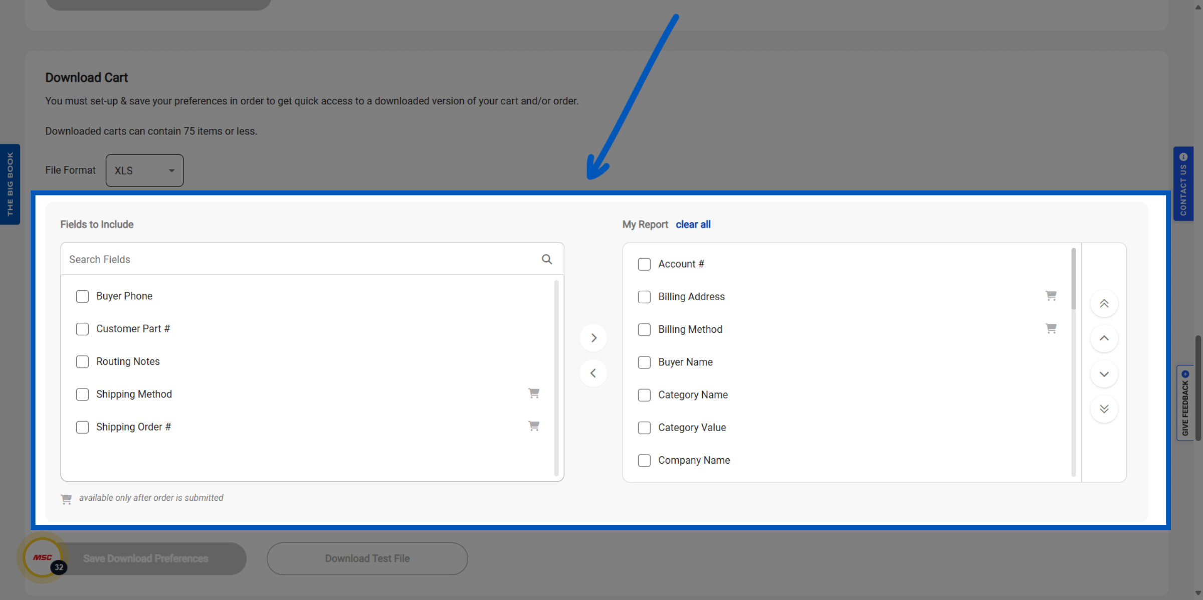 Download cart customization interface with fields to include on left and My Report selection options on right.