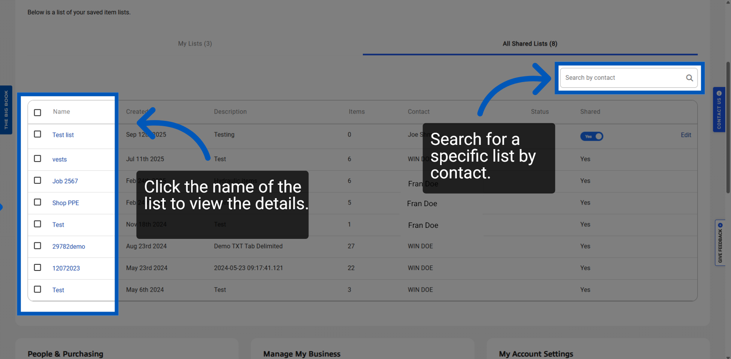 Saved item lists page highlighting clickable list names and a search box for finding lists by contact.