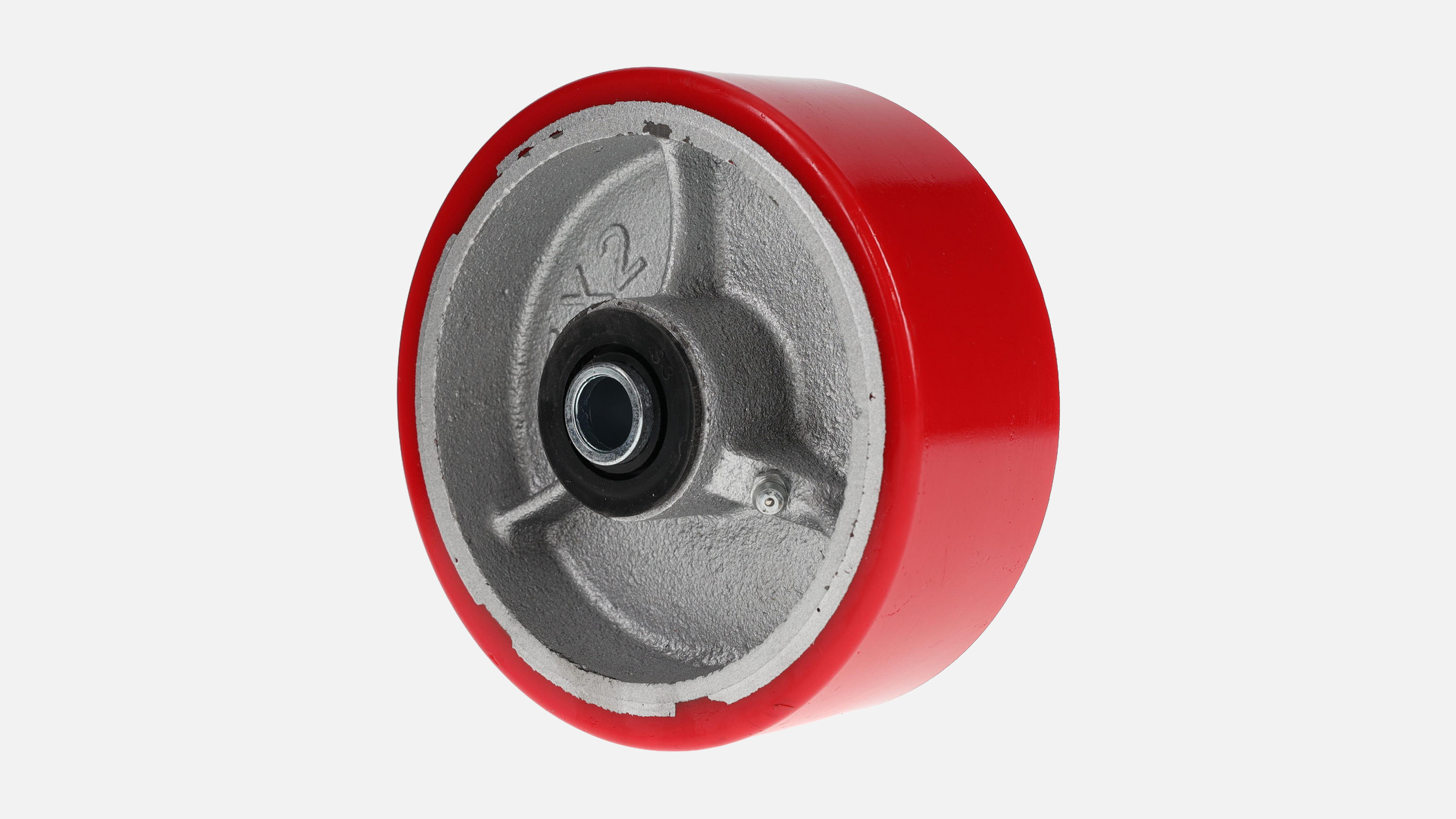 Industrial caster wheel with red polyurethane tire and gray cast iron core with center bearing on white background
