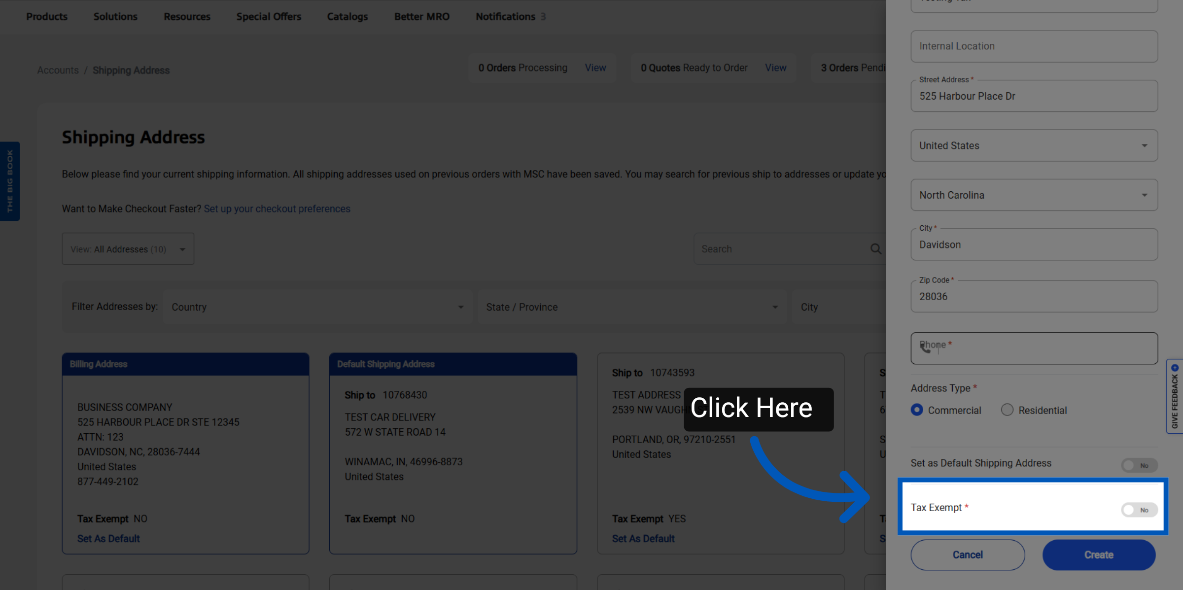 Shipping Address page with an address edit panel highlighting the Tax Exempt toggle, indicated by an arrow and ‘Click Here’ label.