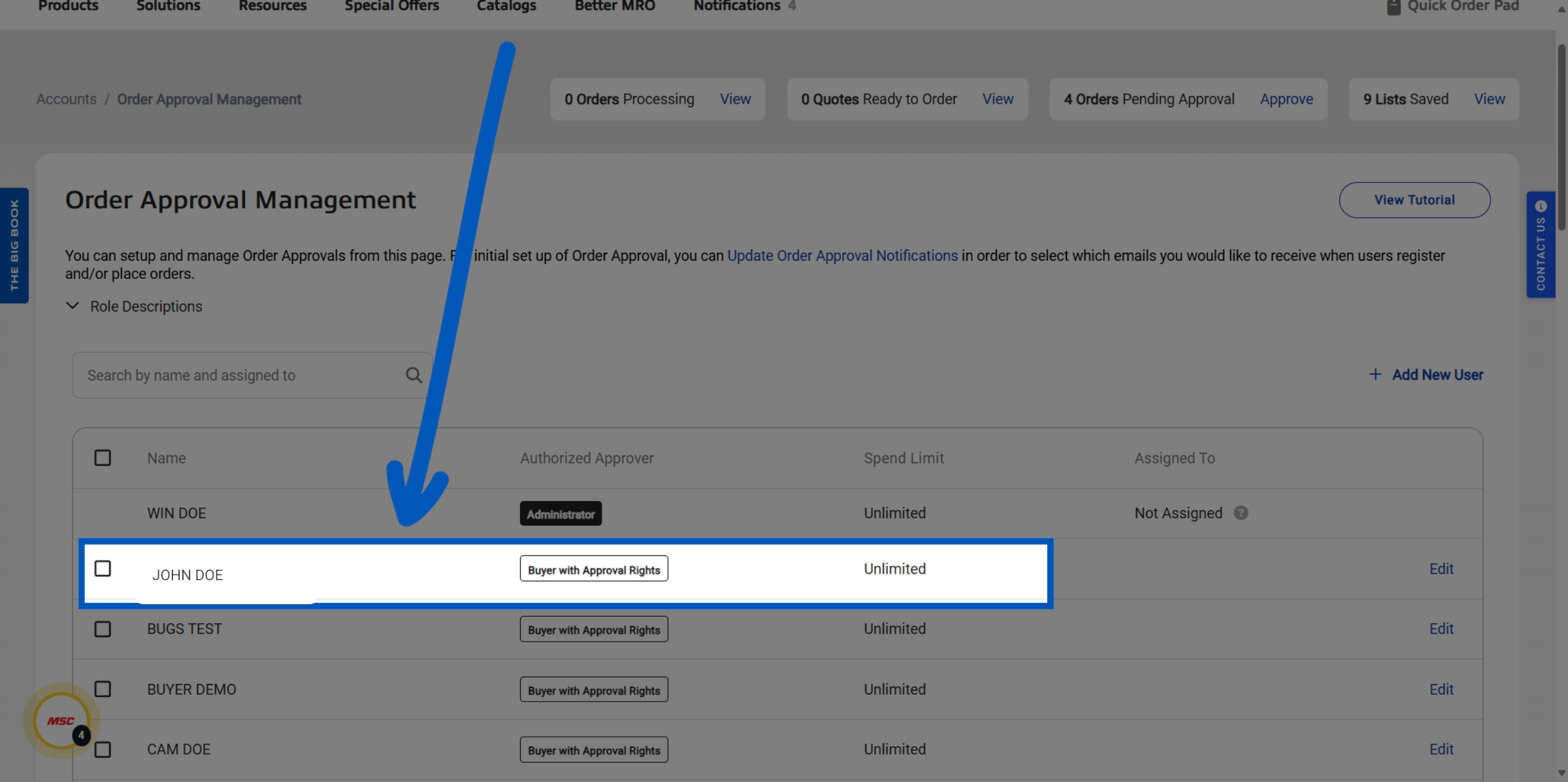 Order Approval Management page showing all registered users, roles, spend limits, and approvers on the page