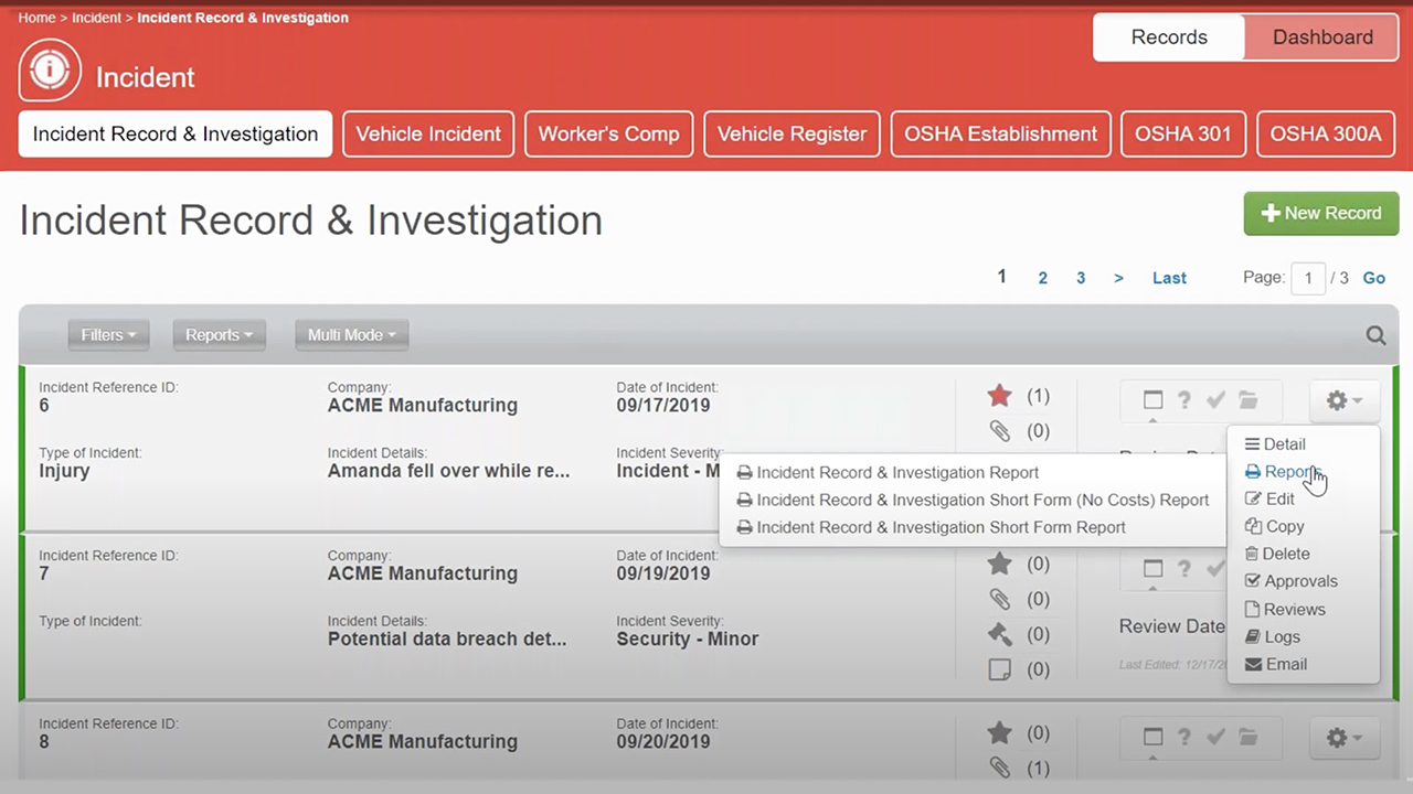 Incident management software interface showing record list with dropdown menu displaying report options including Detail and Edit
