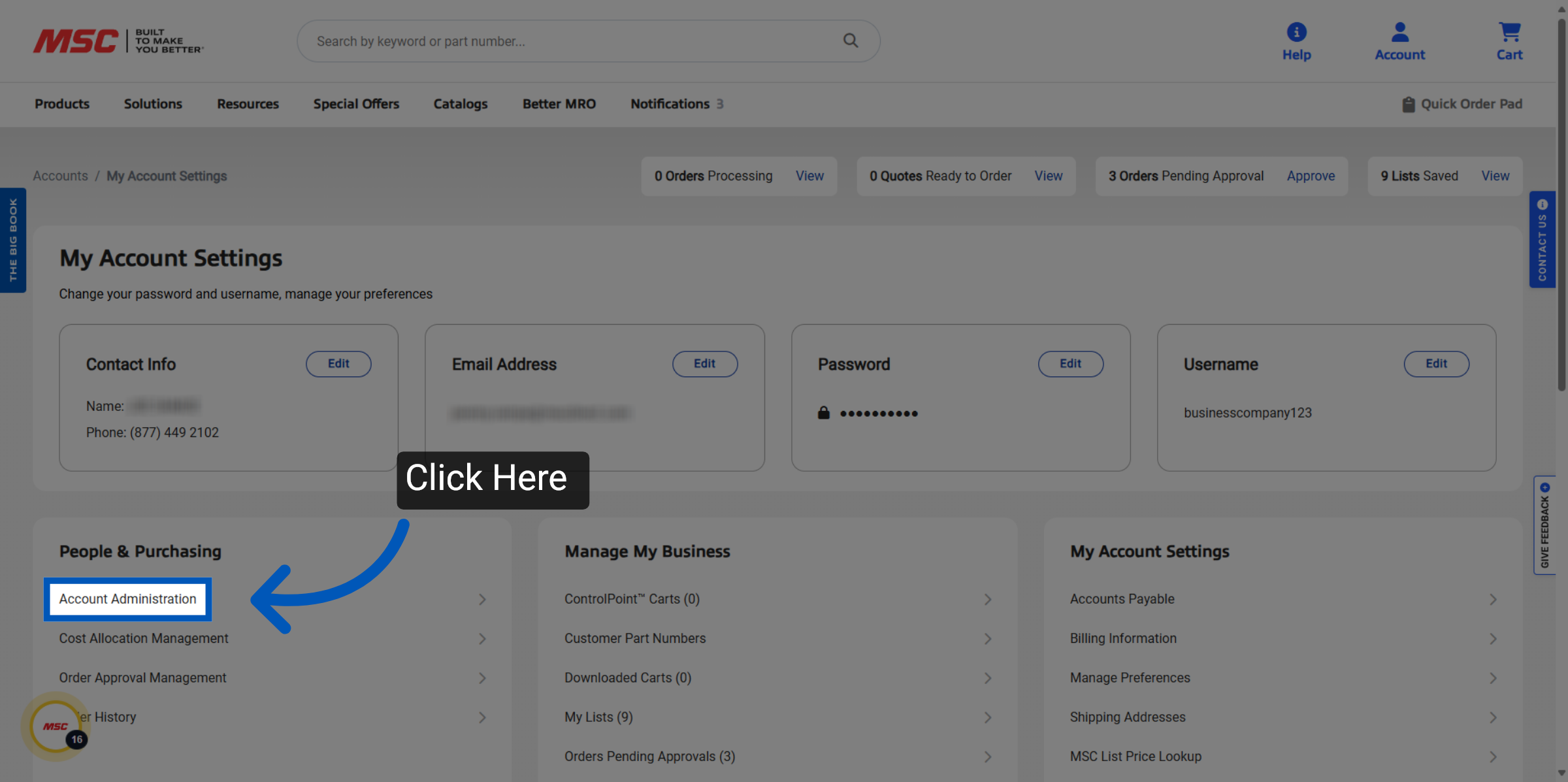 MSC Industrial Direct account settings page showing contact info, email, password, and username sections with edit options.
