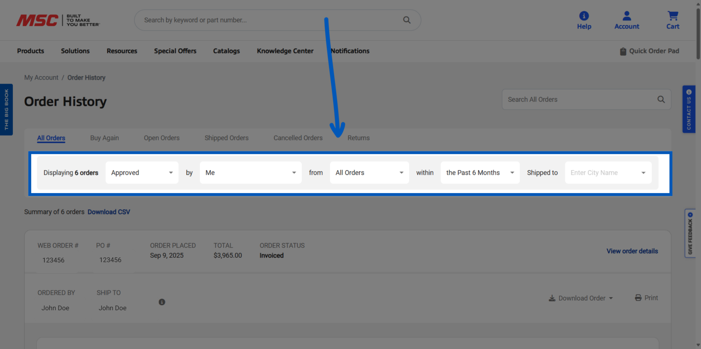 Order history page showing a highlighted filter bar with dropdowns for order status, requester, date range, and shipping location.