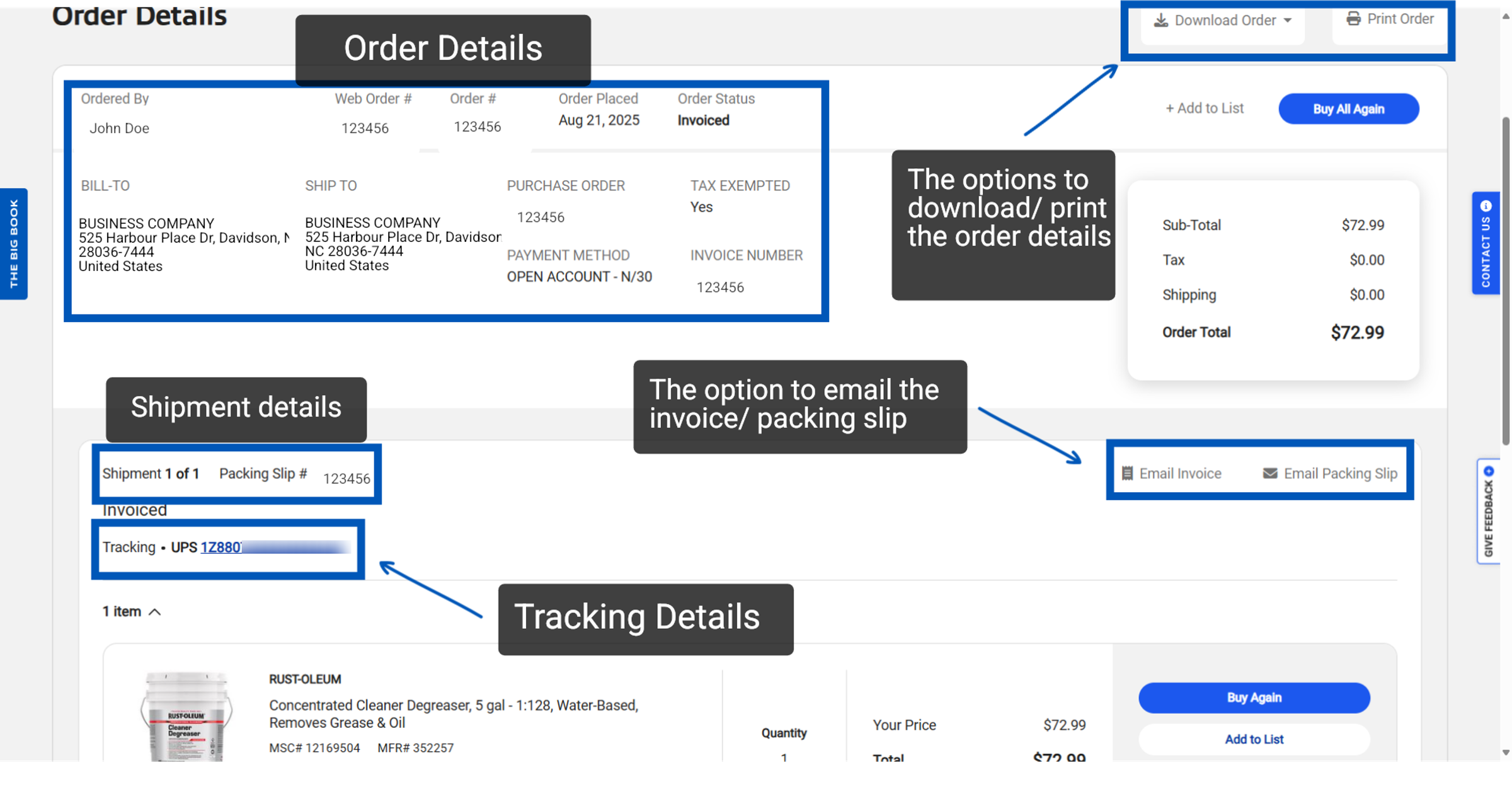 Order history page showing order details, the options to download or print order details, shipment details, tracking details and the option to email the invoice or packing slip.
