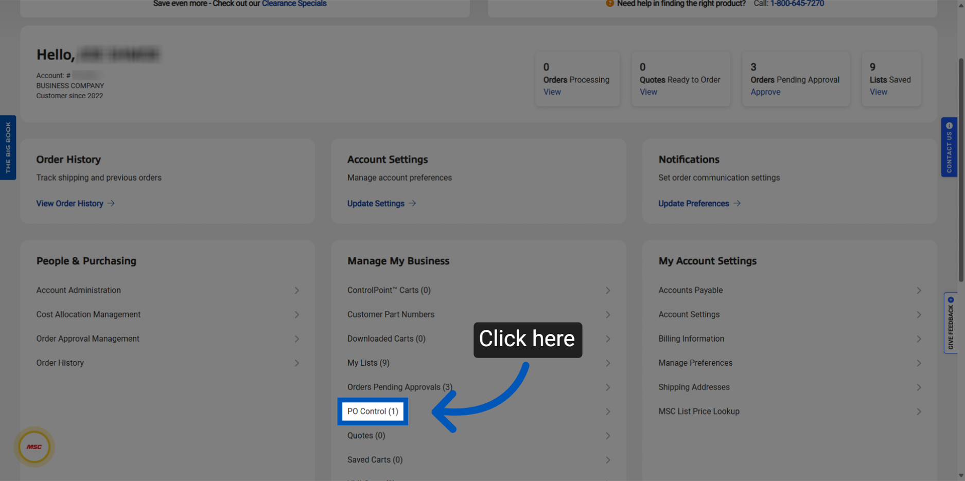 Business account dashboard showing order status, account settings, and PO Control link highlighted with blue arrow