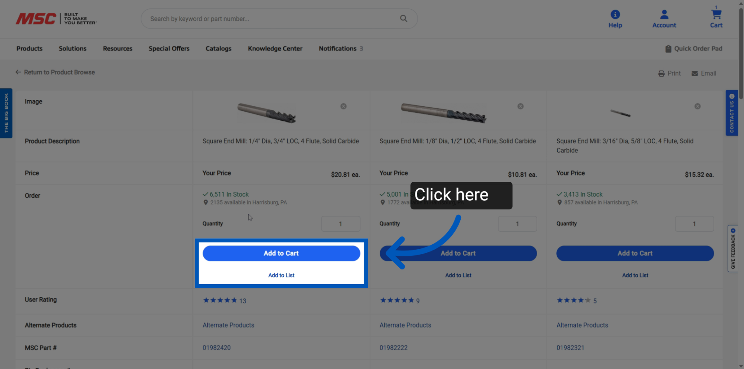 Product comparison page with an arrow pointing to a Add to Cart button