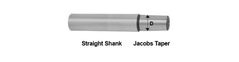 Illustration of a drill chuck arbor with a straight shank on one end and a Jacobs taper on the other, with D labeled as the diameter measurement.