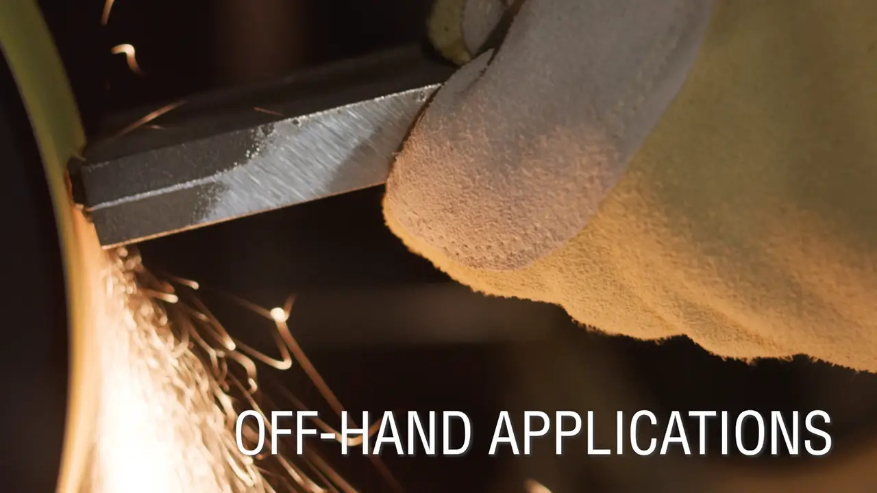 Metal saw blade cutting through wood material with text reading OFF-HAND APPLICATIONS at bottom of image