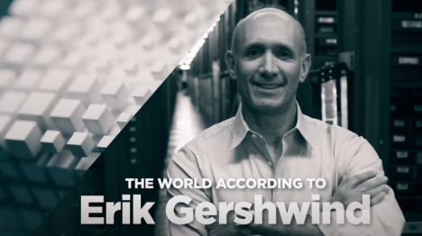 Erik Gershwind in business attire standing in warehouse with text overlay reading The World According to Erik Gershwind