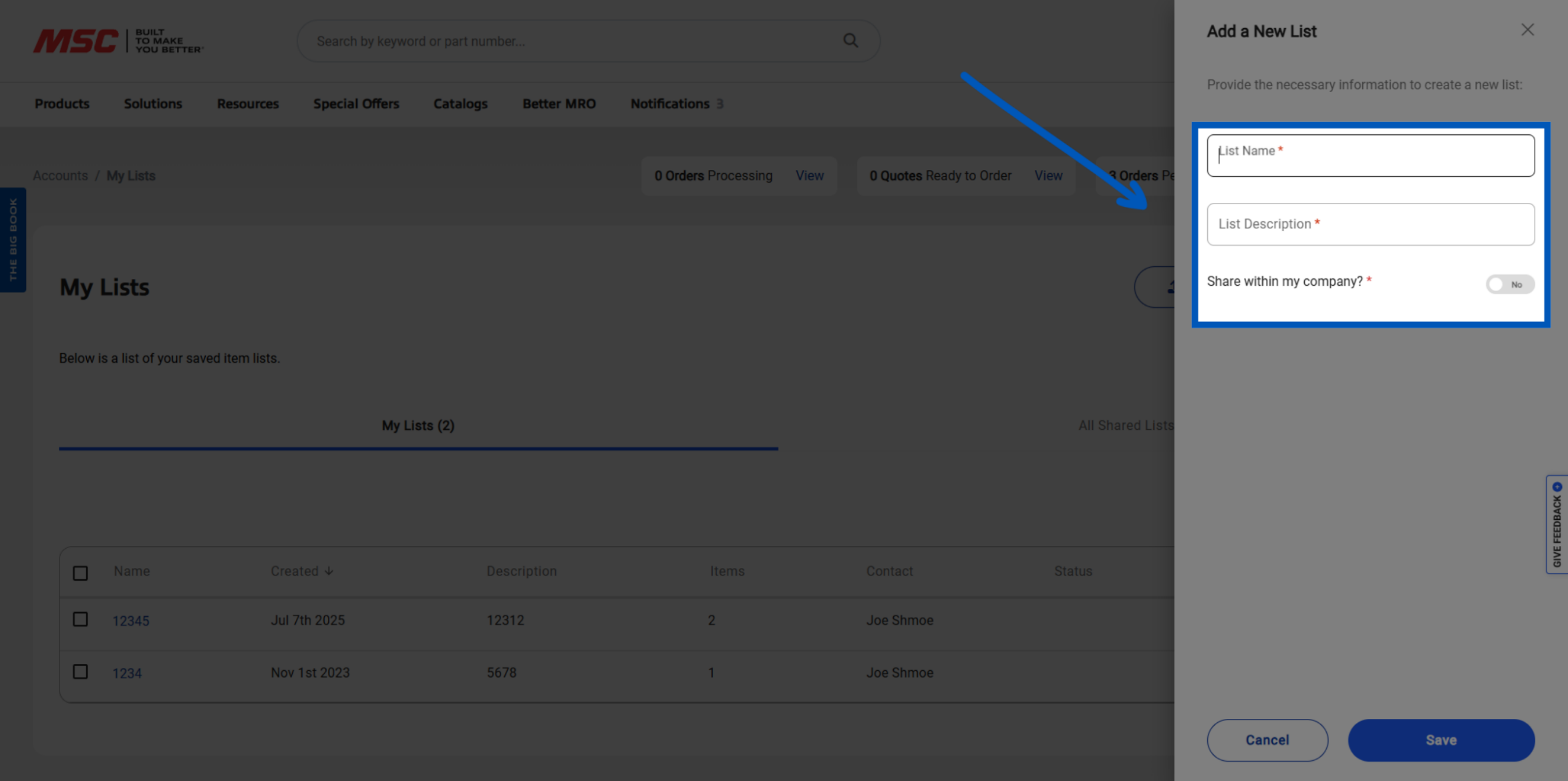 My Lists page with the Add a New List panel open, highlighting the List name, List description and Share within my company toggle option.