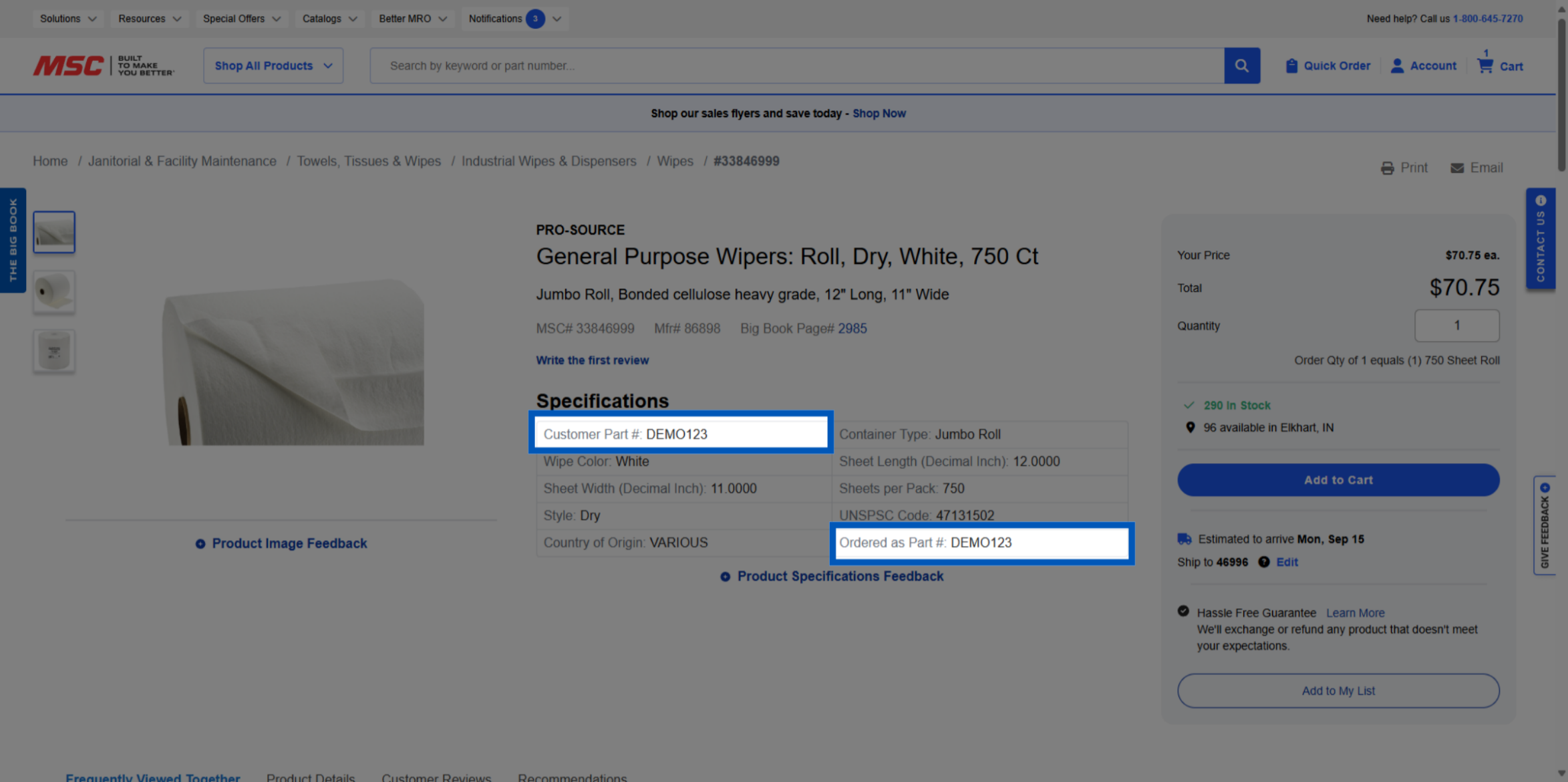MSC Industrial Direct product page showing PRO-SOURCE white general purpose wiper roll with Customer Part # and Ordered as Part # highlighted.