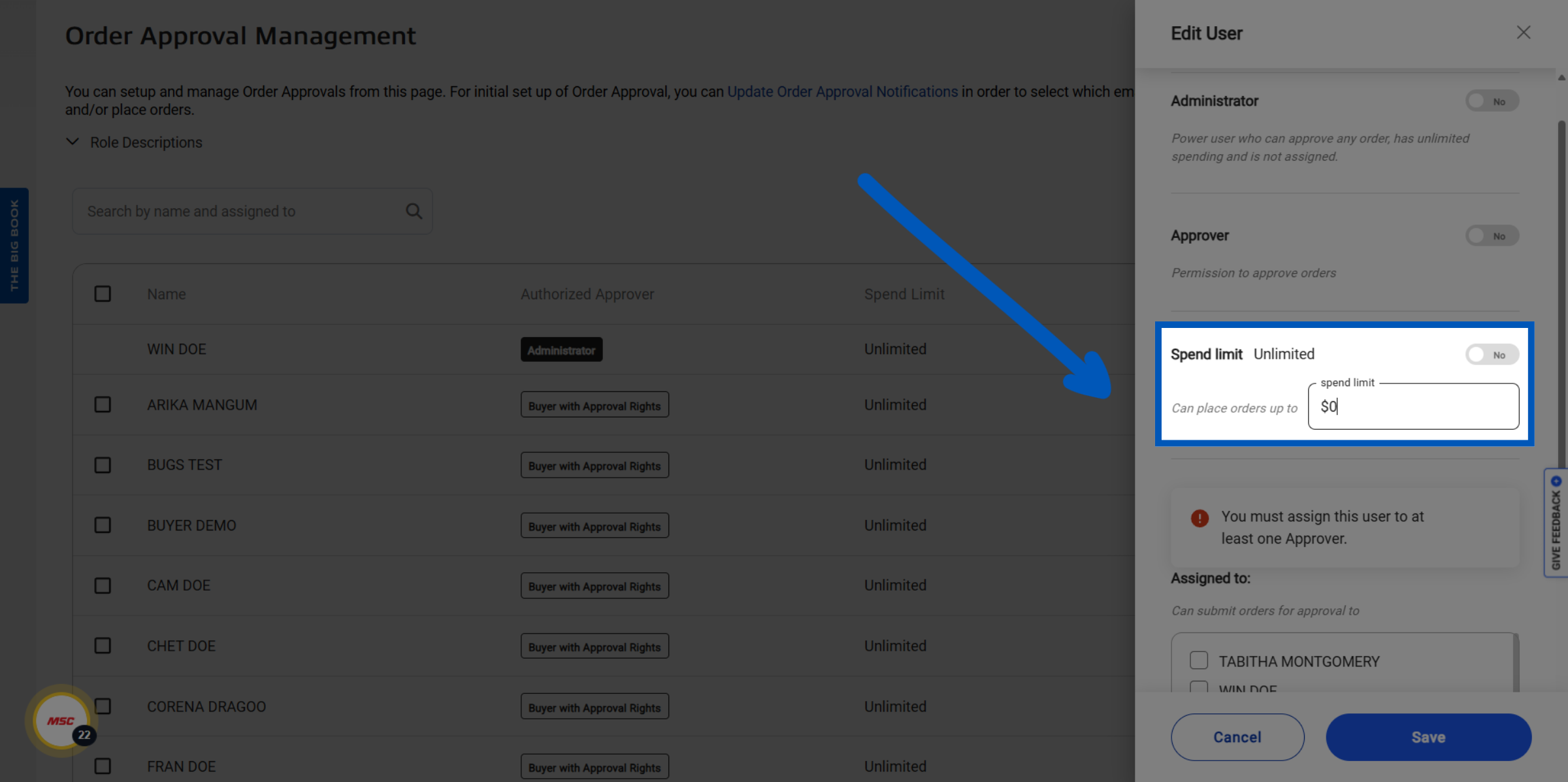 Order Approval Management page with the Edit User panel open, highlighting the spend limit setting where a dollar amount can be entered when unlimited spending is turned off