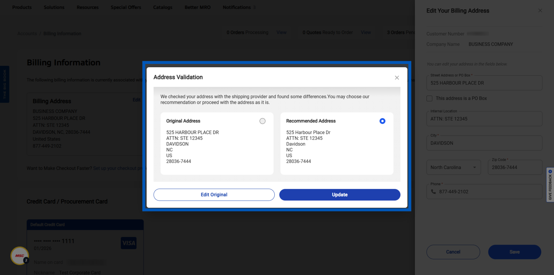 Address validation dialog showing original and recommended shipping addresses with Update and Edit Original buttons