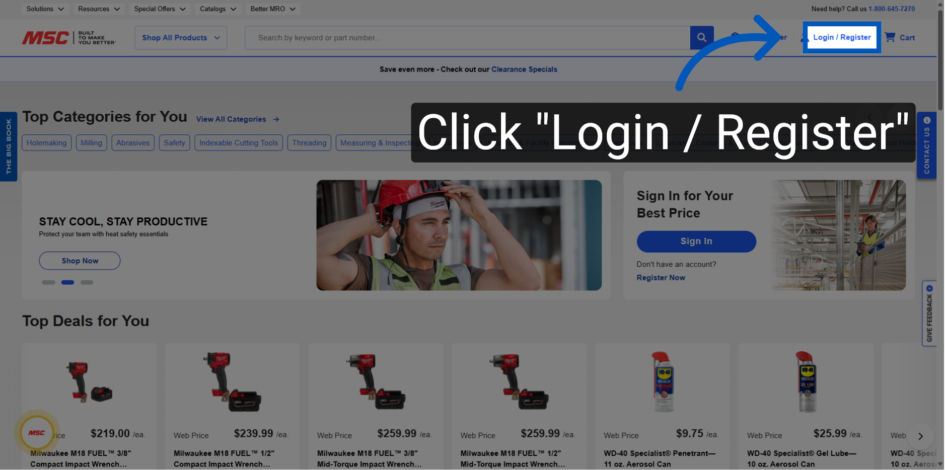 Blue arrow pointing to Login/Register button in website header with instructional text overlay