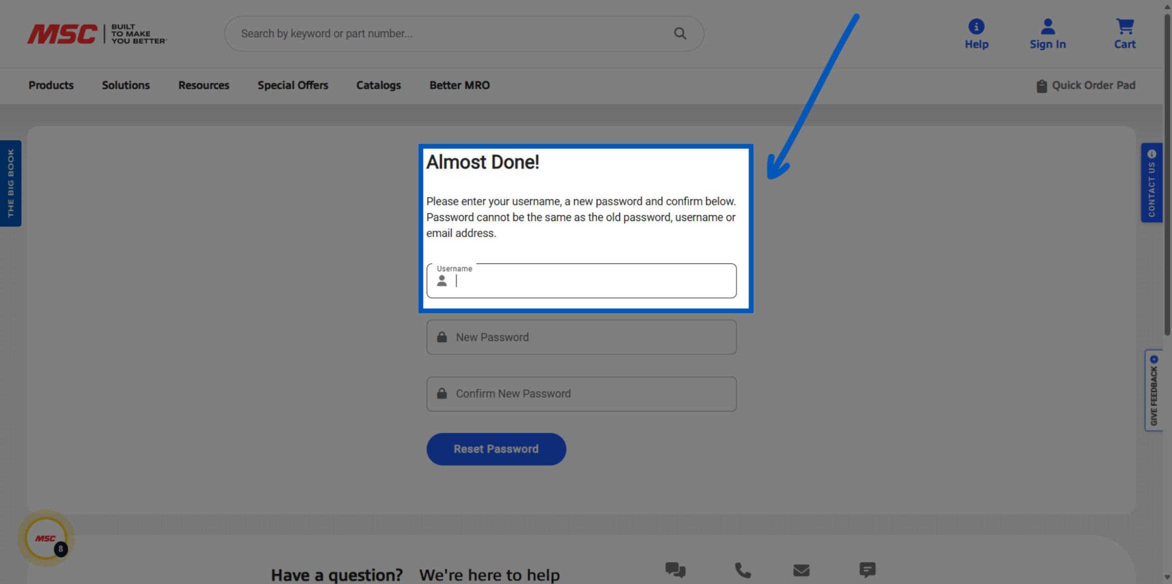 Password reset form with username field highlighted by blue arrow on MSC Industrial Direct website