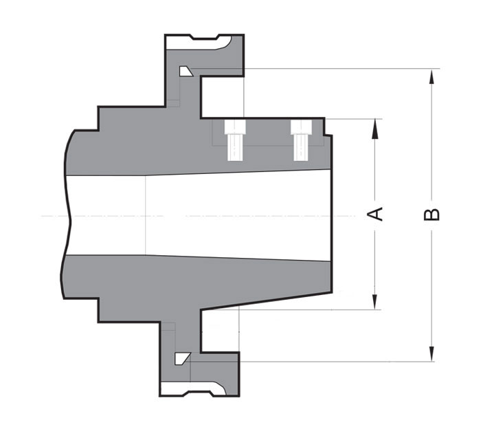Diagram of a long taper key drive L Series lathe chuck spindle nose showing dimensions A and B.