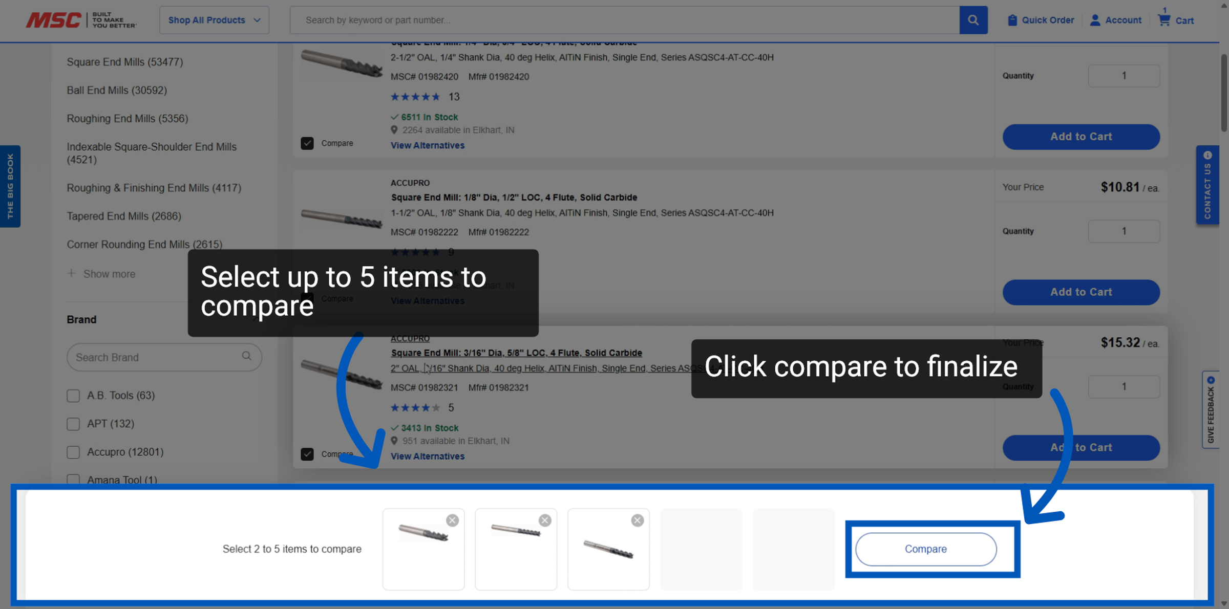 Product comparison bar showing selected items and a highlighted Compare button at the bottom of the page.
