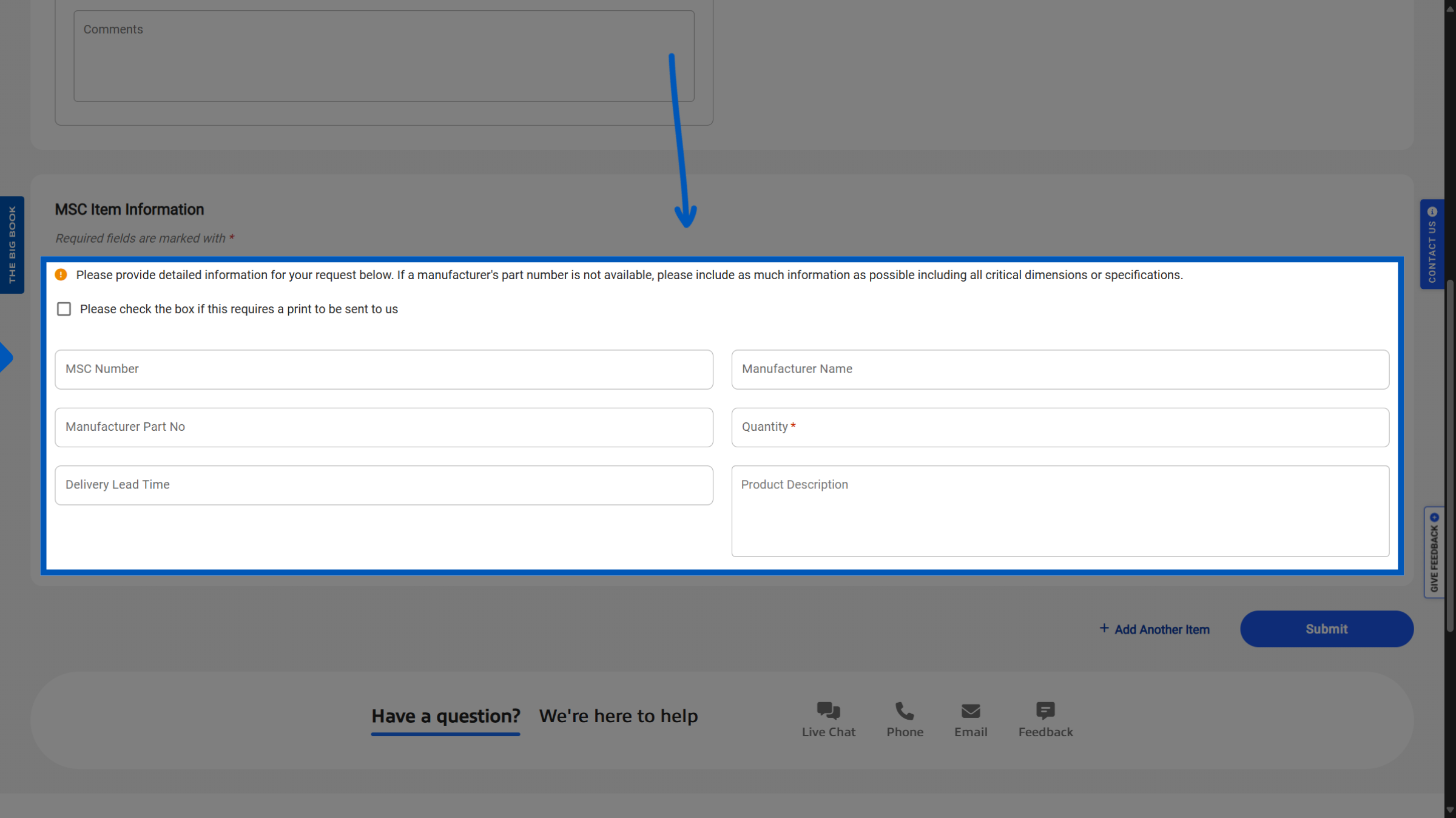 Blue arrow pointing to a section of text fields where users can enter Special Requests on mscdirect.com