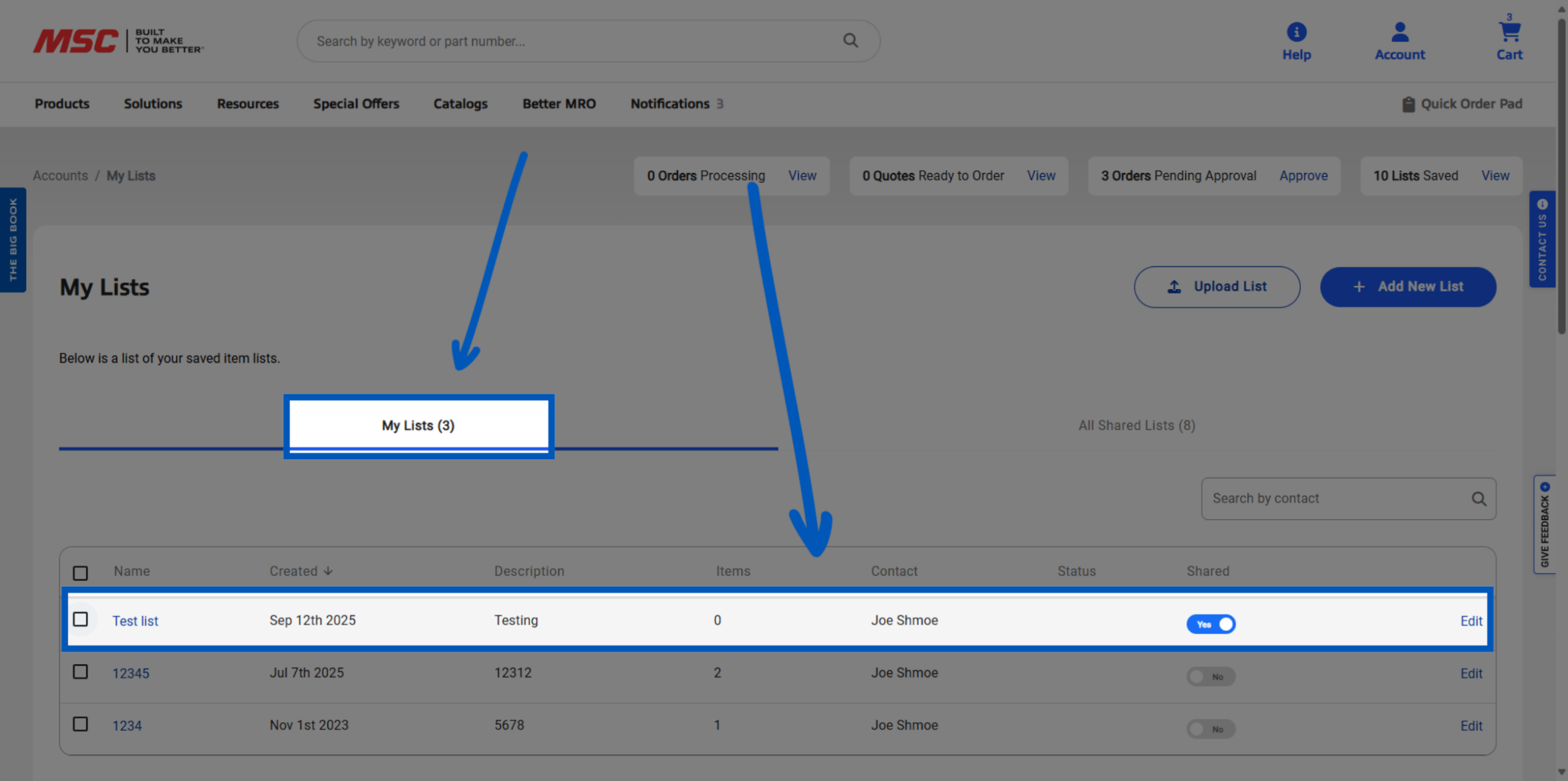 My Lists page showing a highlighted saved list row and the My Lists tab, emphasized with arrows.