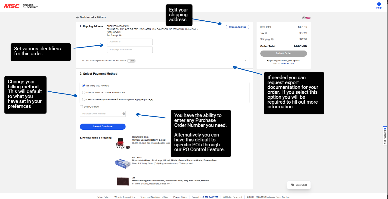 Checkout page on mscdirect.com with text explainers for each section/field of information