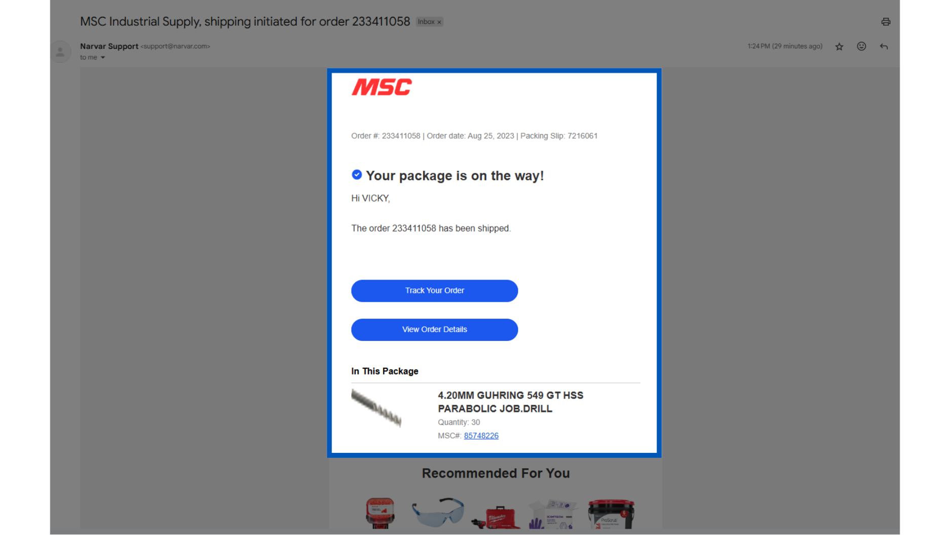 MSC Industrial Supply shipping confirmation email showing order 233411058 has shipped with tracking and order details.