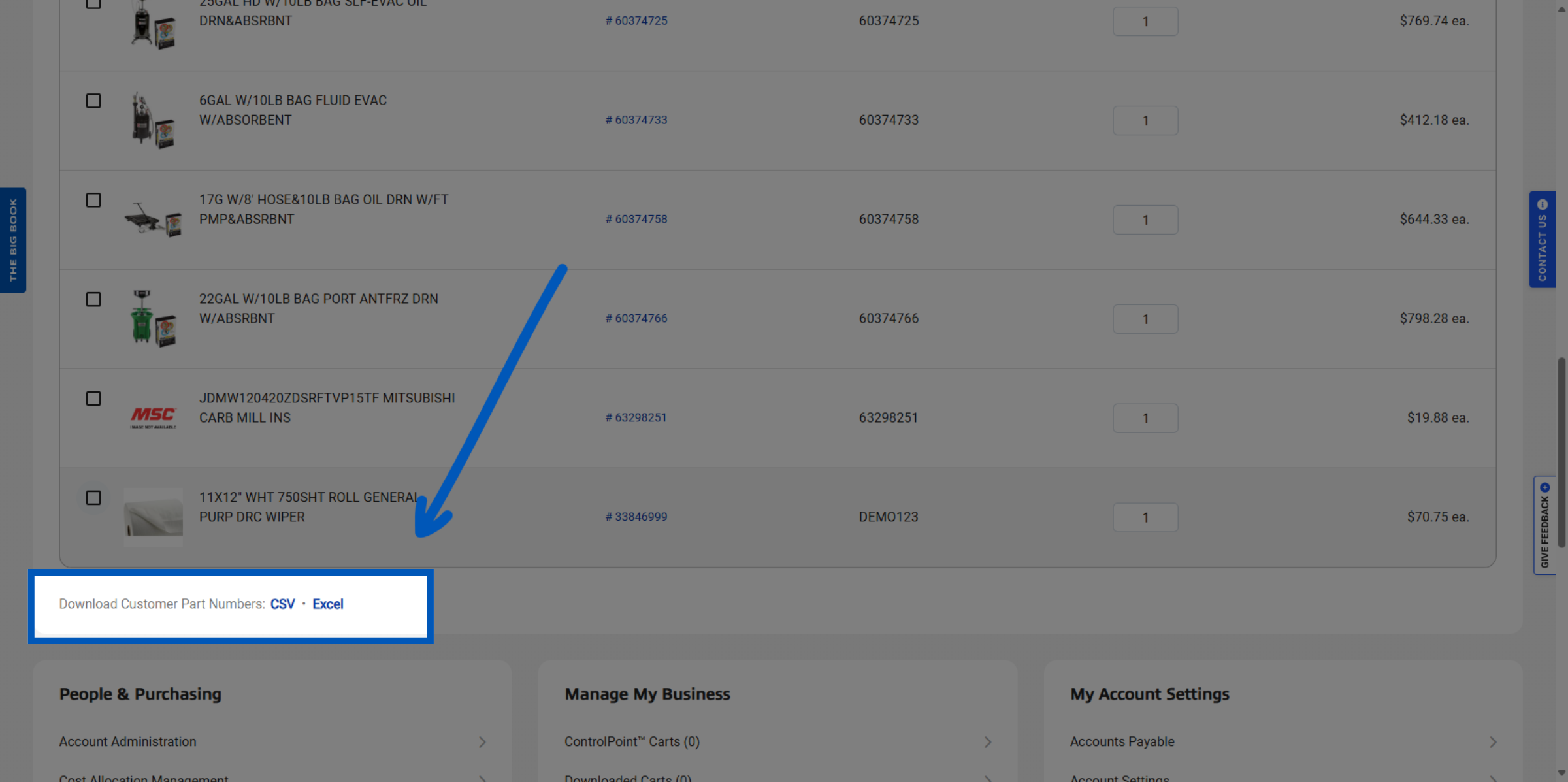 Product list showing industrial supplies with checkboxes, item numbers, quantities, and prices with download options highlighted