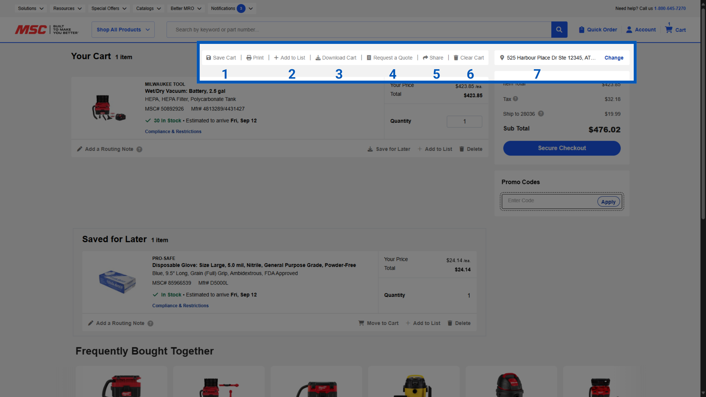 Checkout progress indicator showing seven numbered steps from 1 to 7 in blue