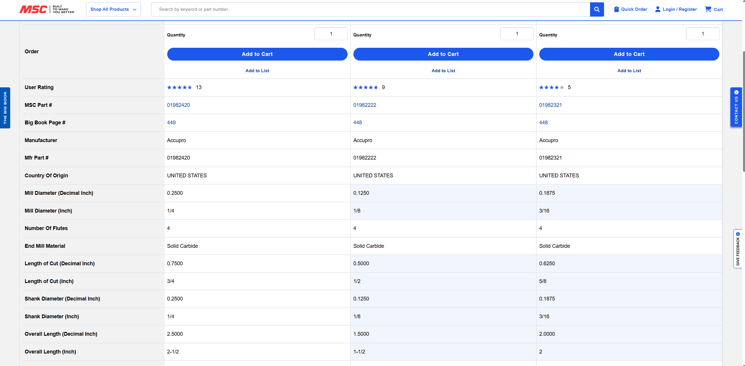 Comparison table showing specifications for three items, with differing specifications highlighted in blue and Add to Cart buttons above each column.
