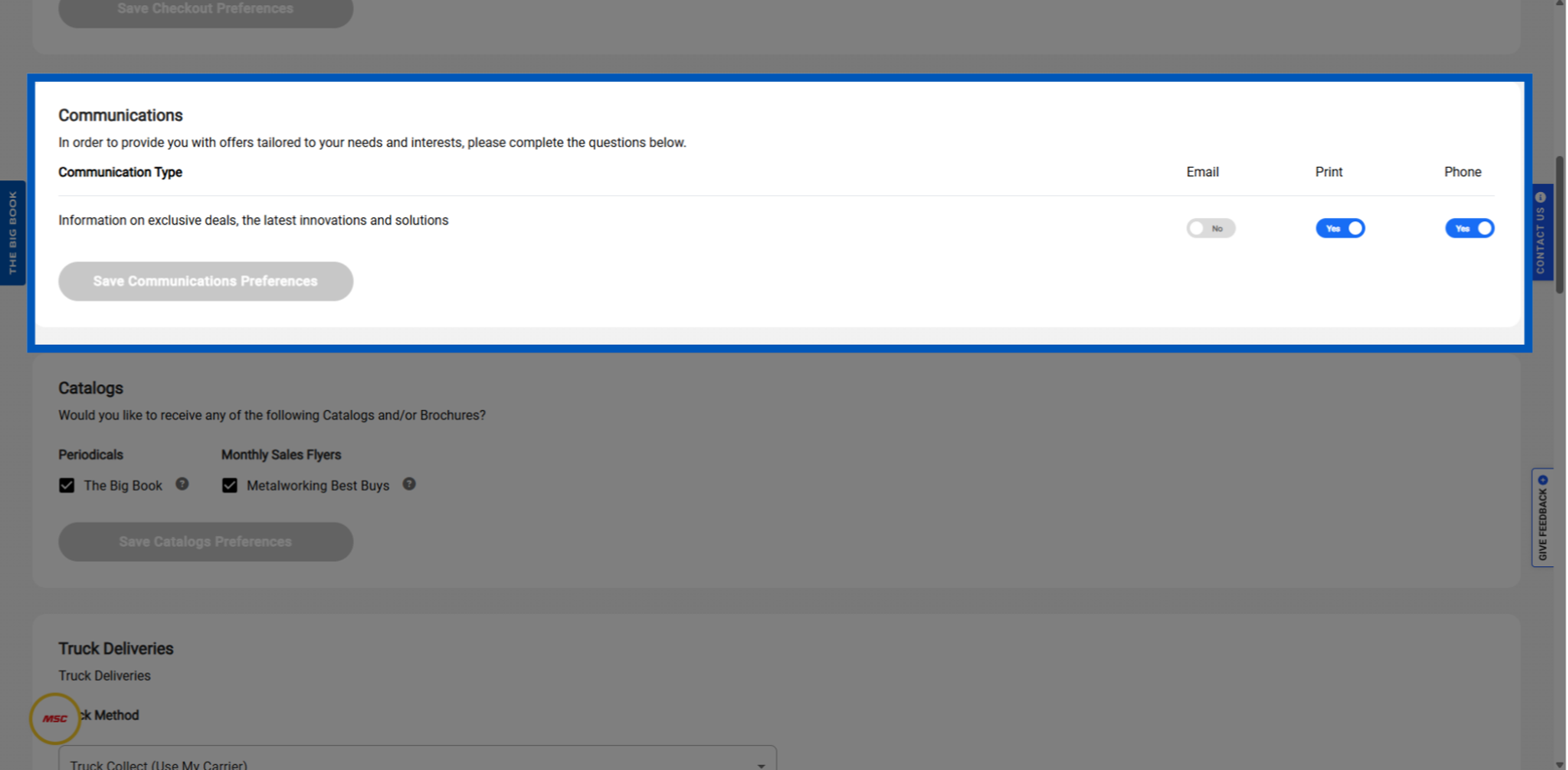 Communications preferences form with toggle switches for email, print, and phone contact options